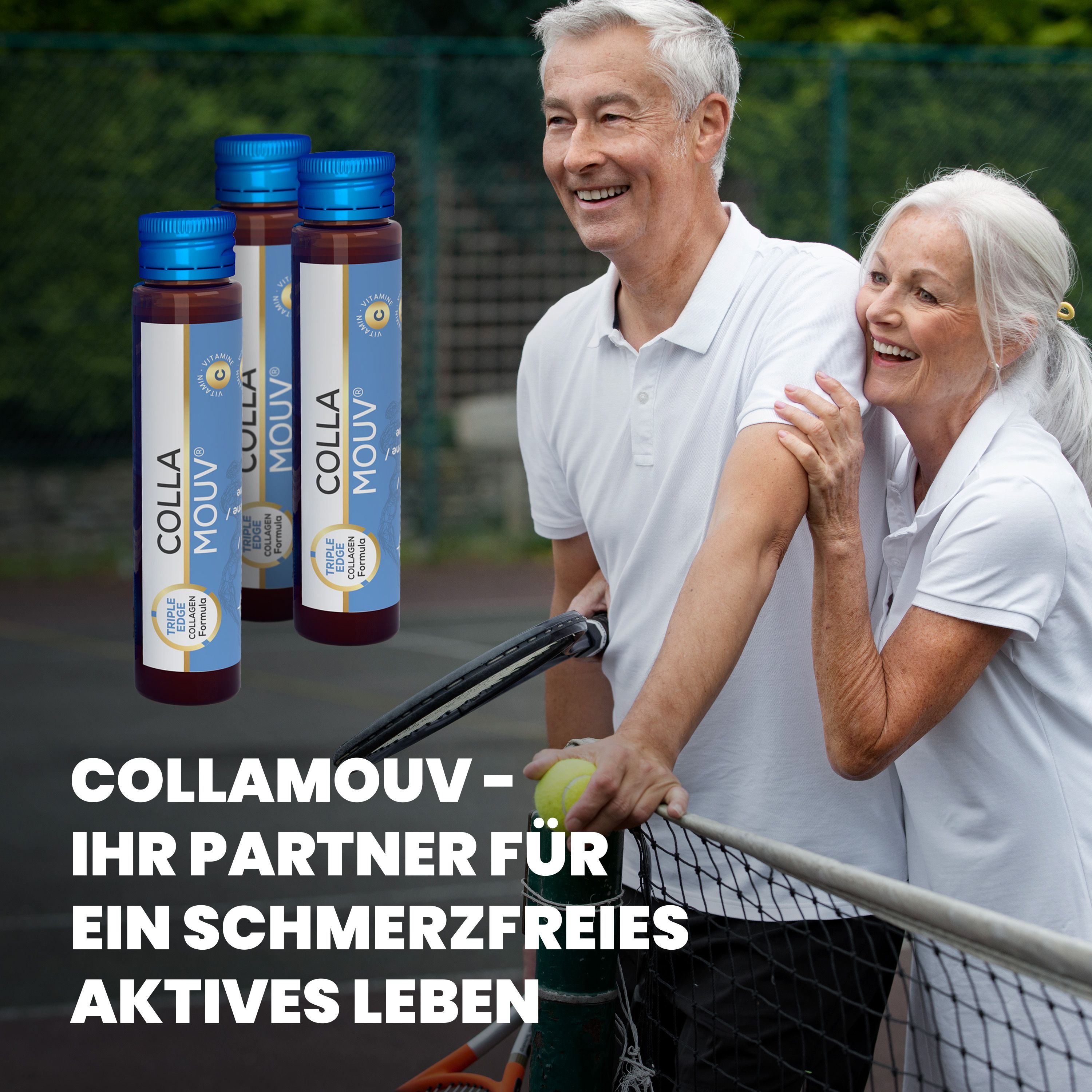 BHW Collamouv Original Kollagen: Coppia anziana gioca a tennis, tre flaconi in primo piano.