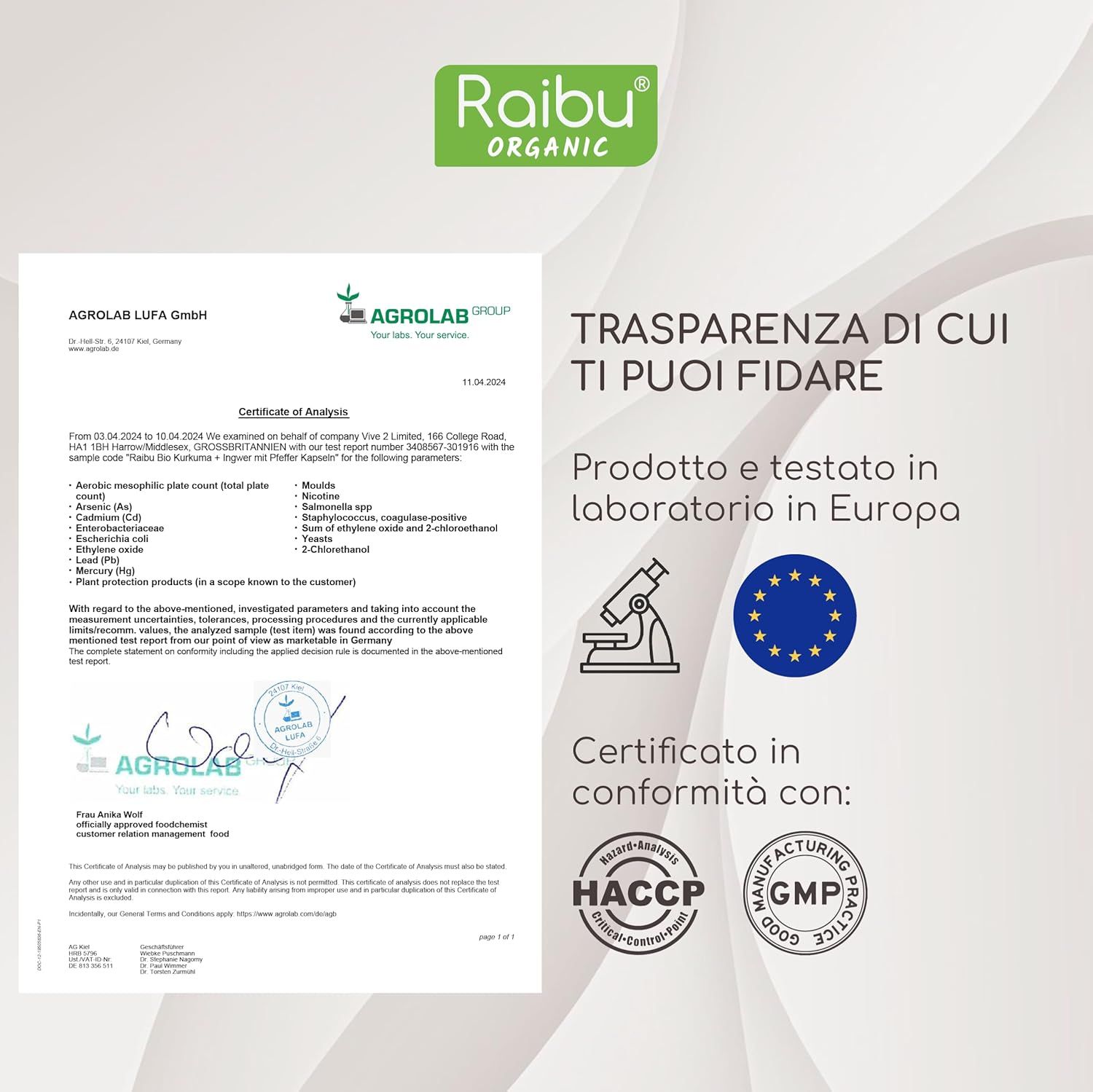 Certificato di Agrolab LUFA GmbH. Testo: Certificato di analisi. Testo e firma. Sigillo europeo.