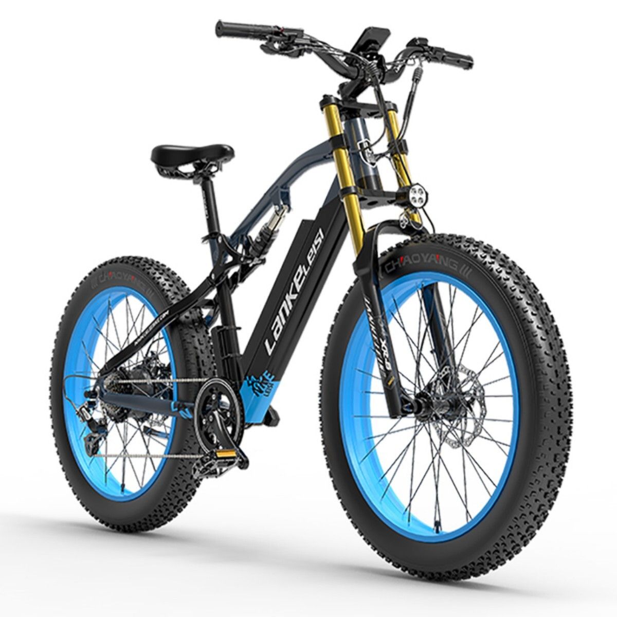 E-bike nera, cerchi e pneumatici blu. Forcella dorata, batteria e display. Marchio LANKELEISI.