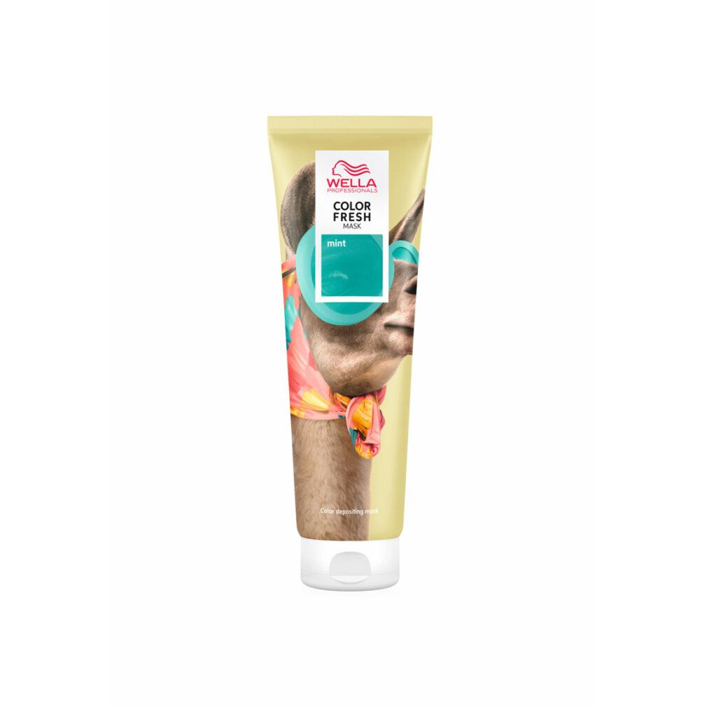 Tubo di Wella Color Fresh Mask Menta. Illustrazione di lama e nome del prodotto. Tappo bianco.