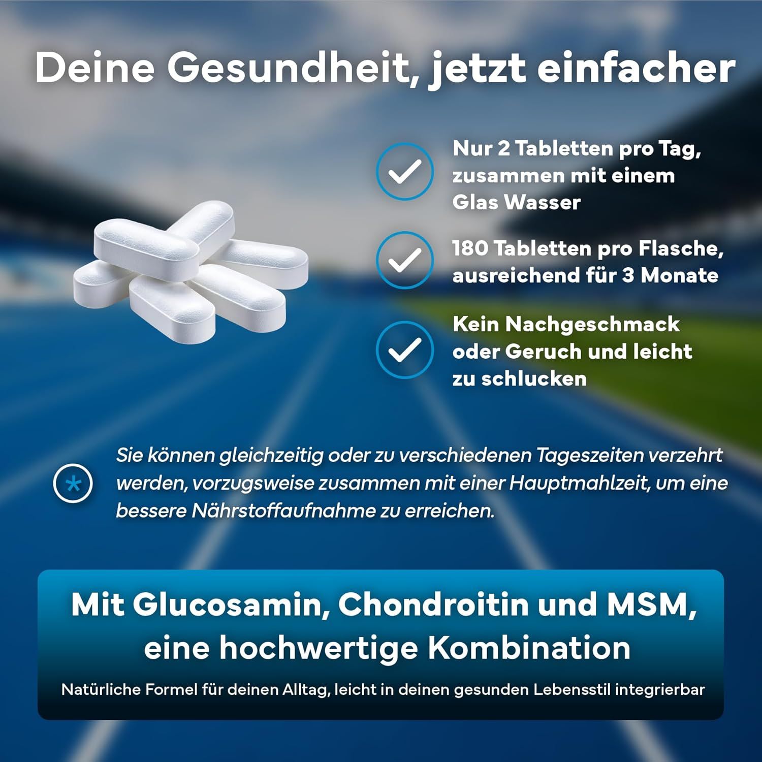 Diverse capsule bianche accanto a un bicchiere d'acqua. Il testo spiega l'assunzione di SEVENS NUTRITION Glucosamine Complex.