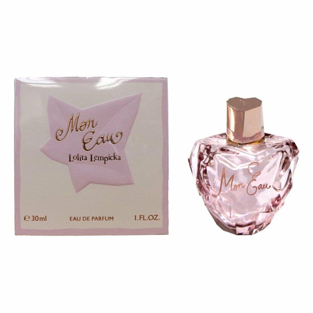 Flacone rosa con tappo dorato e scritta "Mon Eau". Accanto, una scatola con la scritta "Mon Eau" e "Lolita Lempicka".