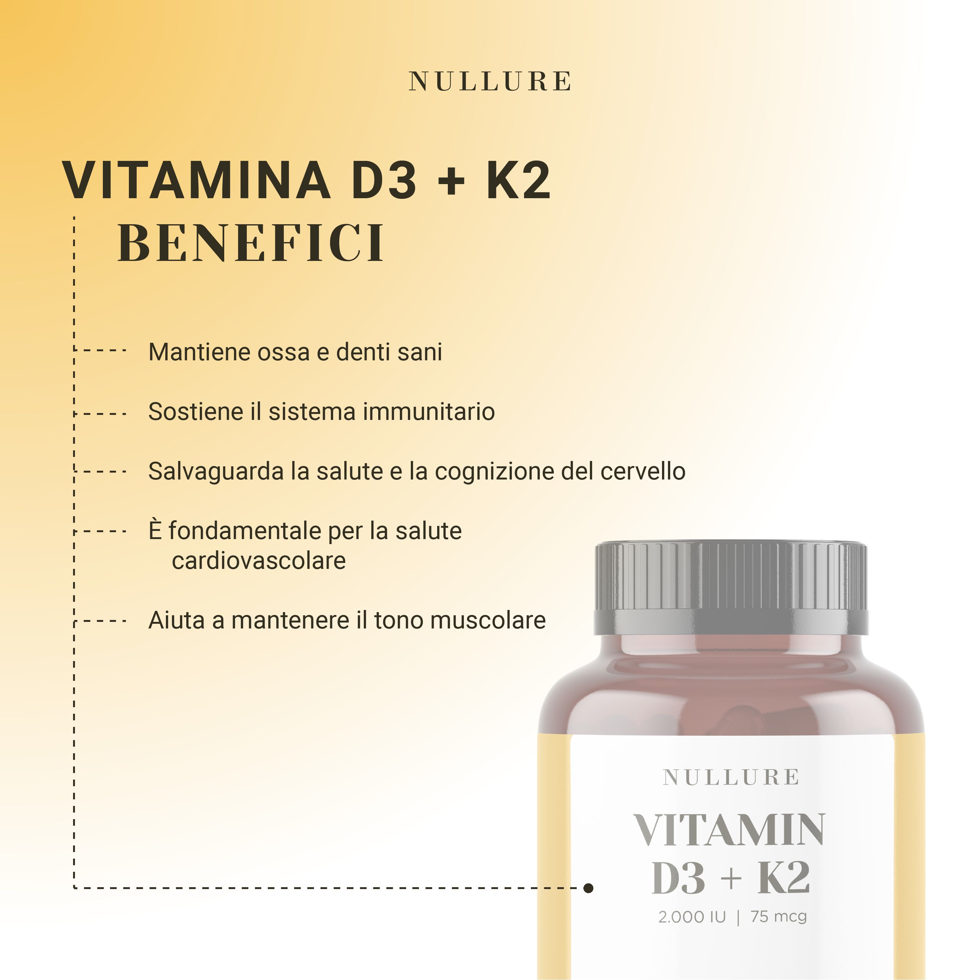 Flacone marrone con etichetta gialla. Testo: Benefici della vitamina D3 + K2. Mantiene la salute di ossa e denti, supporta il sistema immunitario.