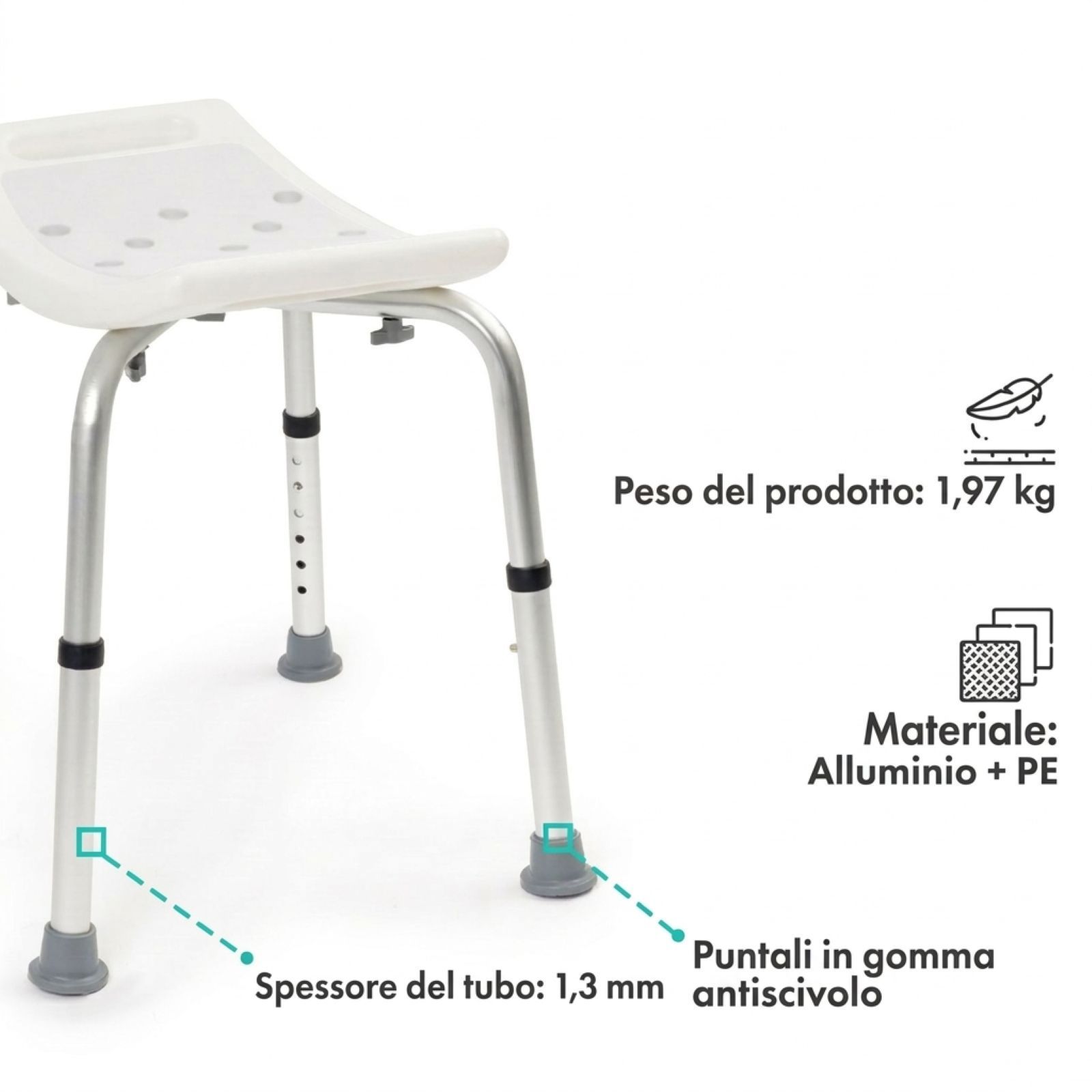 Sgabello doccia bianco, gambe argentate, piedini grigi. Capacità di carico massima: 150 kg.