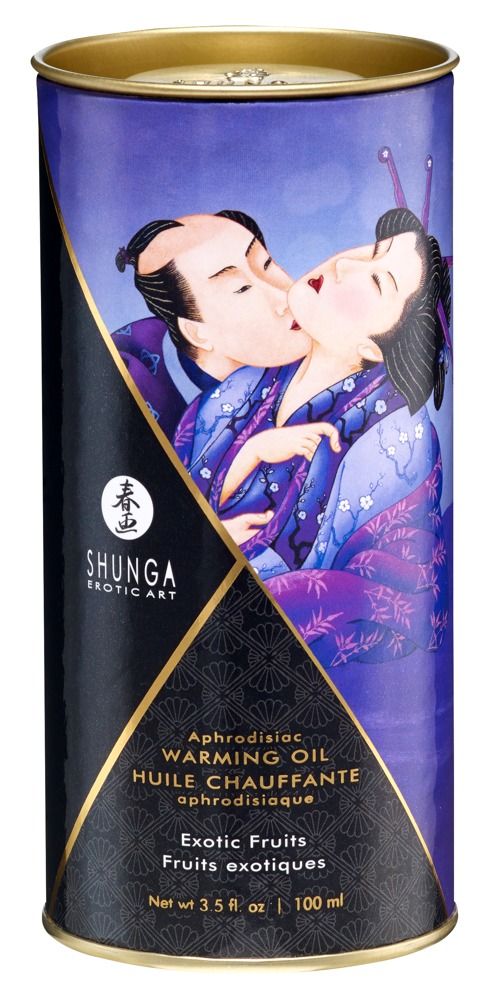 Scatola cilindrica di Shunga. Immagine di coppia che si bacia. Scritta: Exotic Fruits, afrodisiaco.