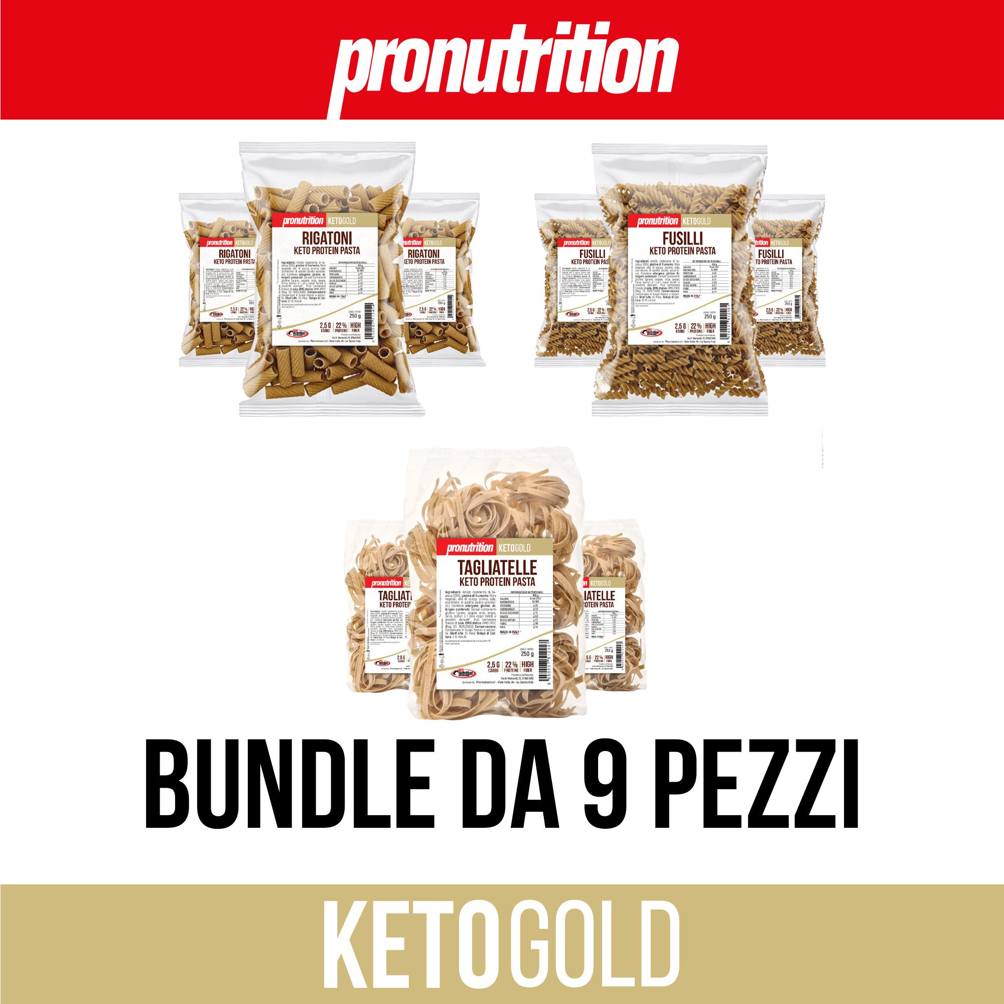 Confezioni di pasta, forme diverse. Scritta: Bundle da 9 pezzi, Ketogold. Marchio: Pronutrition.