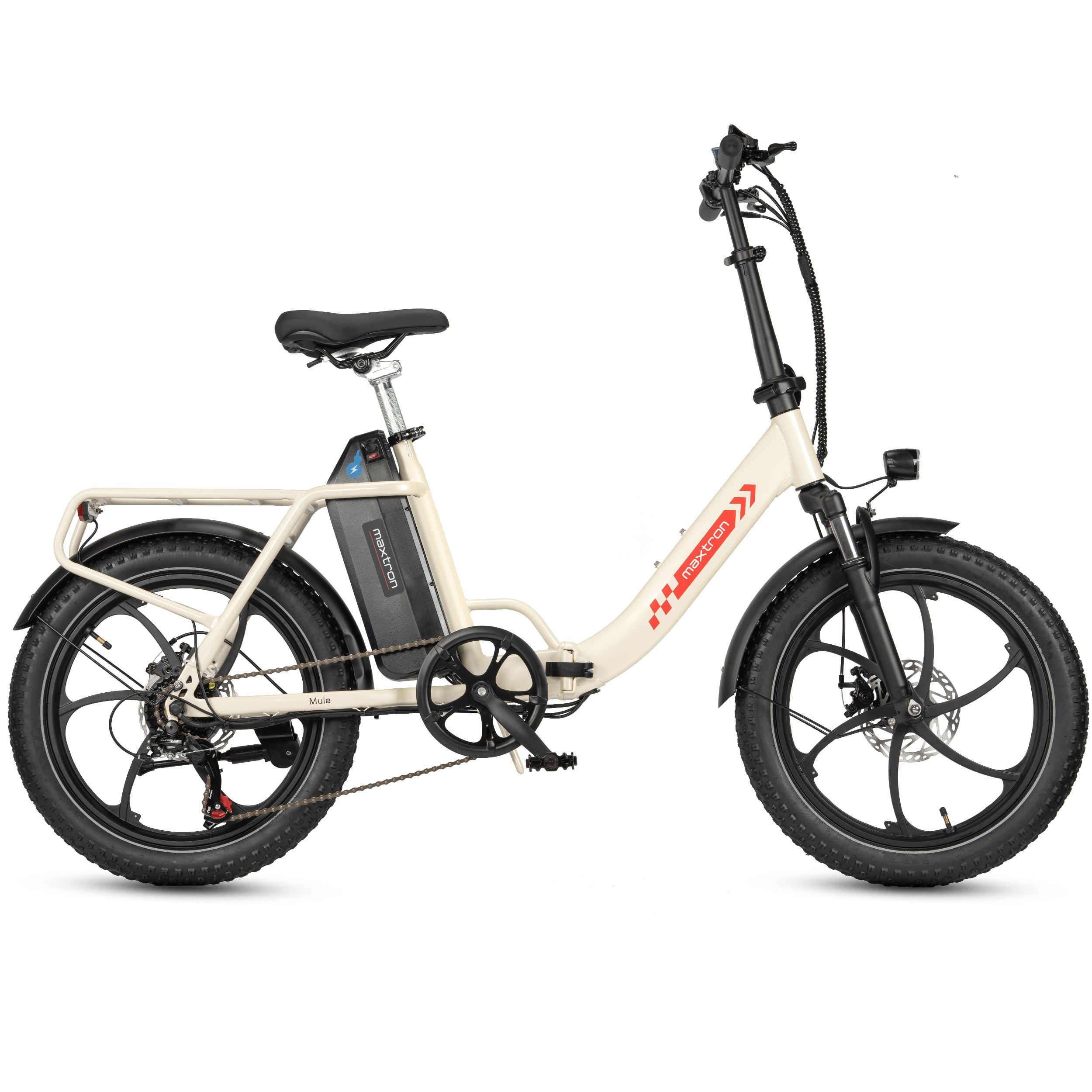 E-bike pieghevole crema, pneumatici neri, logo Maxtron. Portapacchi, batteria, faro.