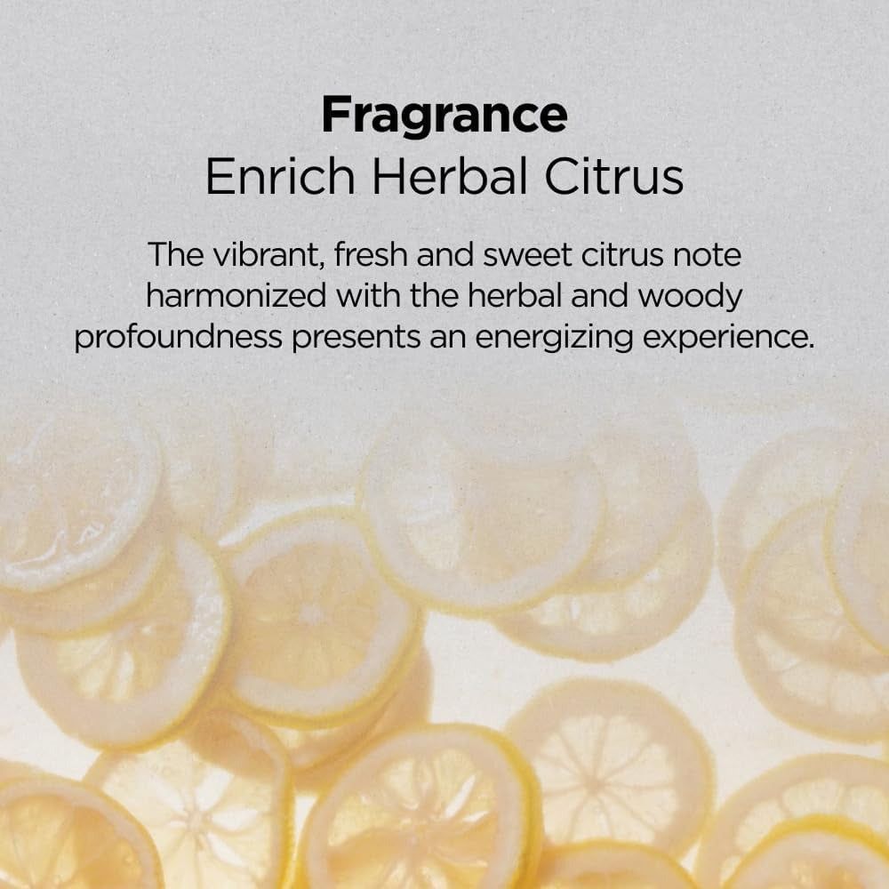 Testo sulla fragranza: AYUNCHE Enrich Herbal Citrus, con fette di limone.