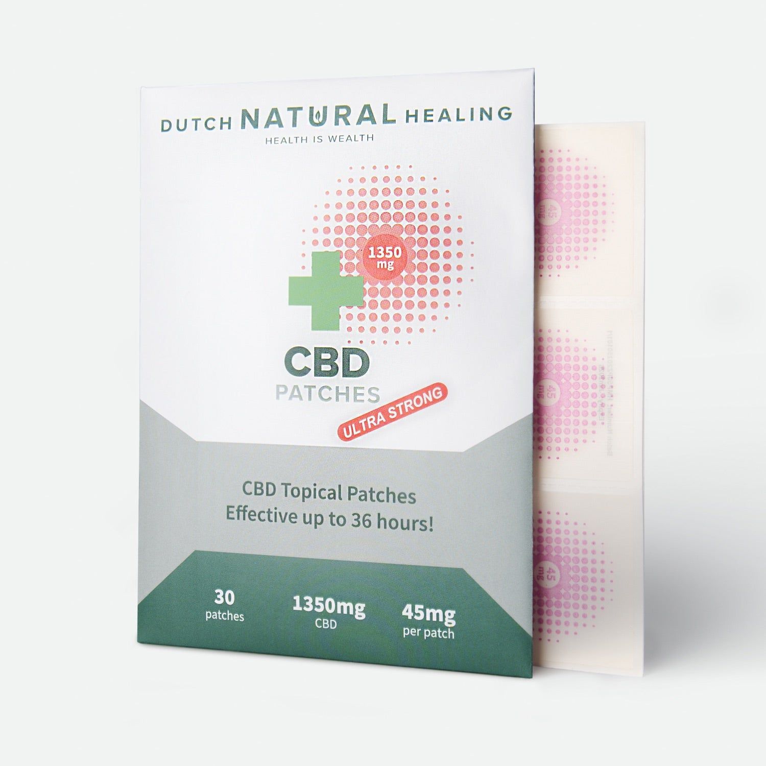 Confezione di cerotti CBD con una scatola da 30 cerotti, 1350mg CBD totali.