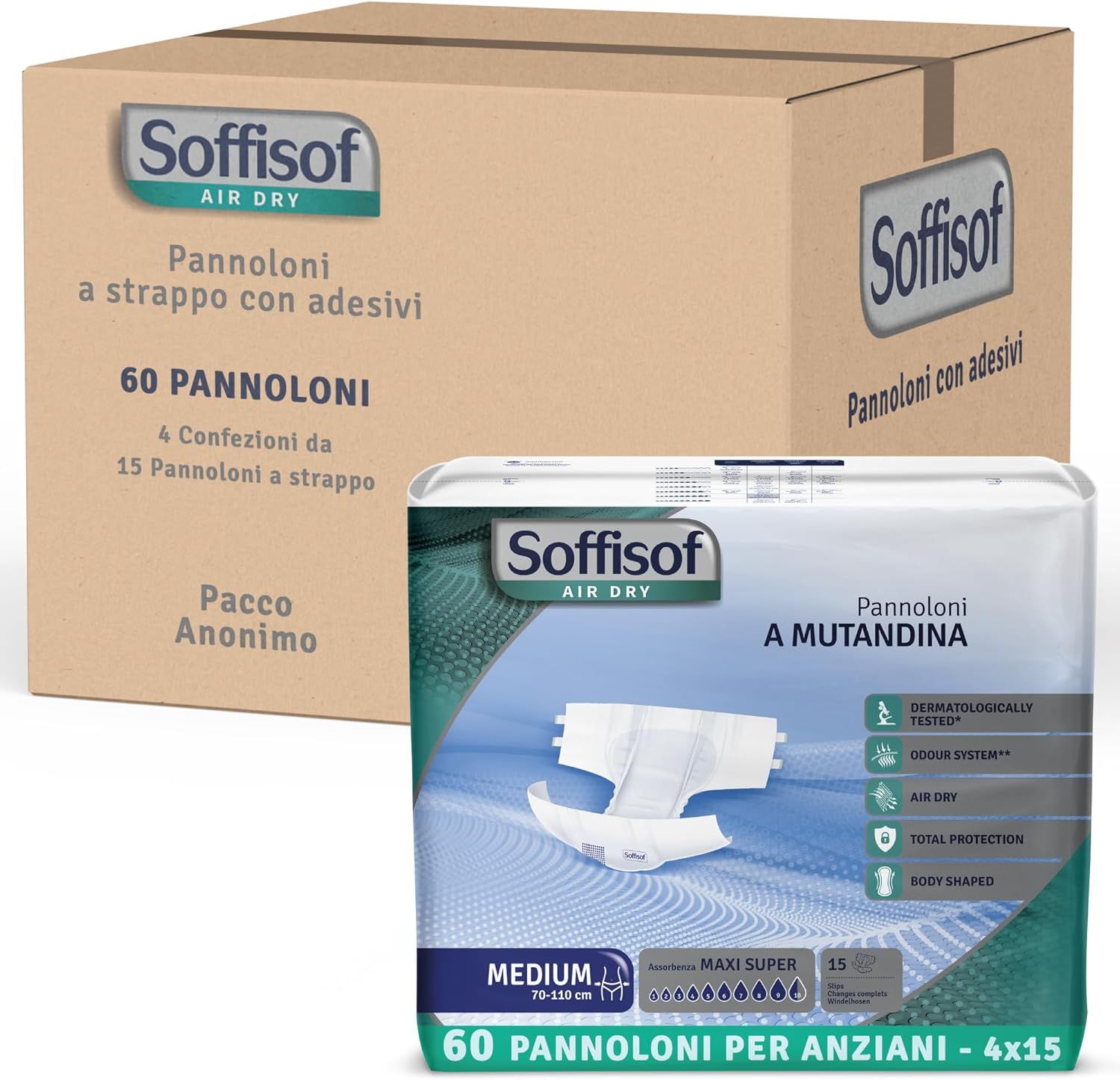 Scatola e confezione di pannoloni Soffisof Air Dry. 60 pezzi. Confezione da 4 x 15.