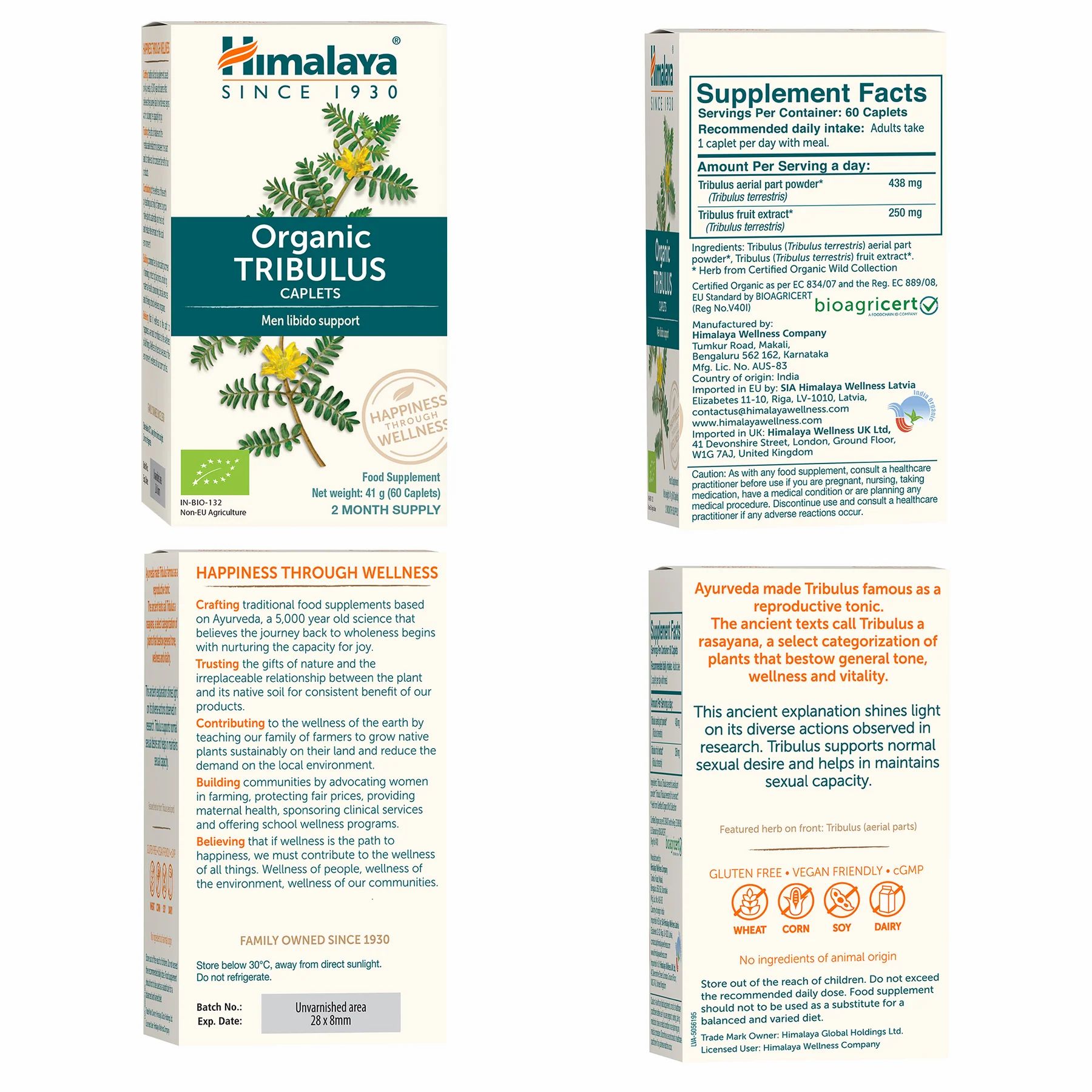 Confezione di Himalaya Organic Tribulus Caplets. Contiene informazioni sugli ingredienti, certificazioni e valori nutrizionali.