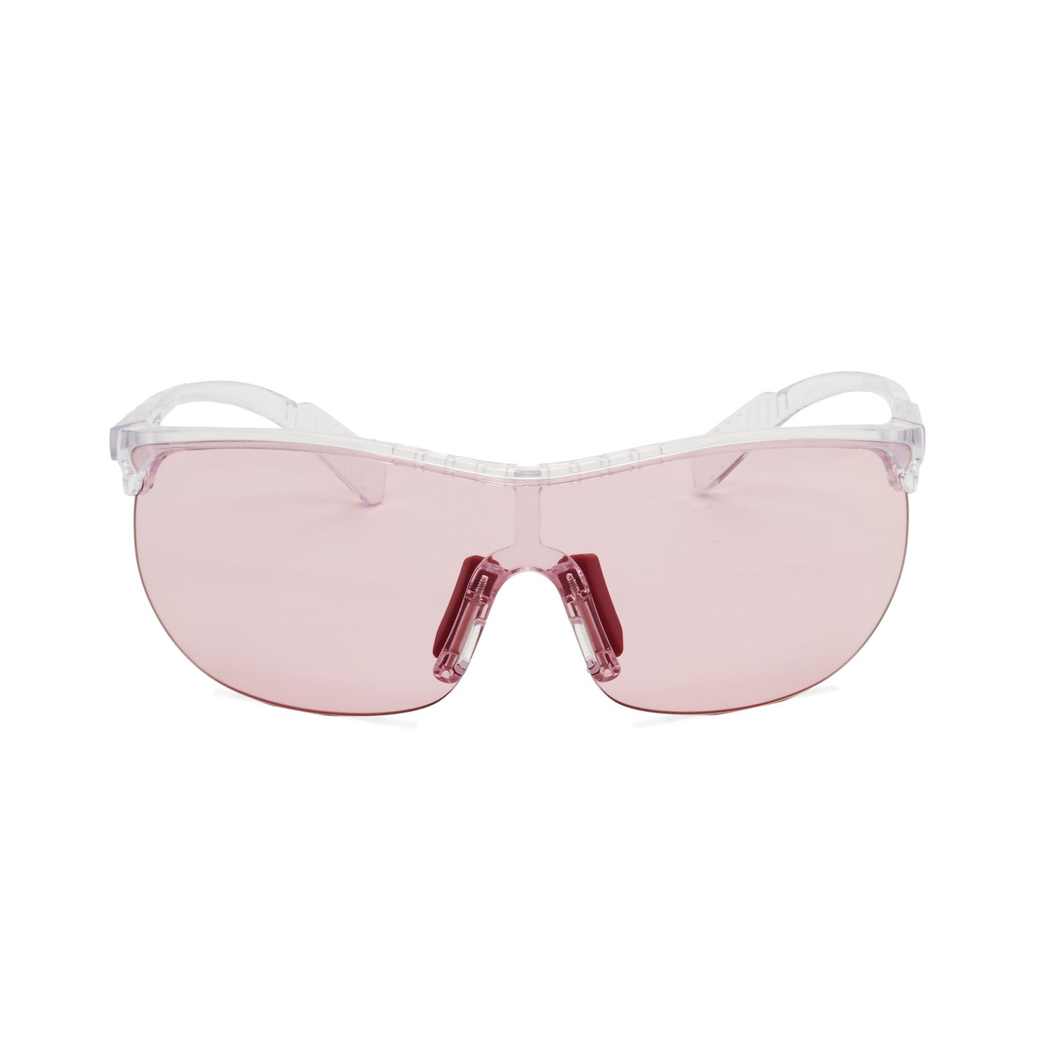 Occhiali protettivi con montatura trasparente e lenti rosa.