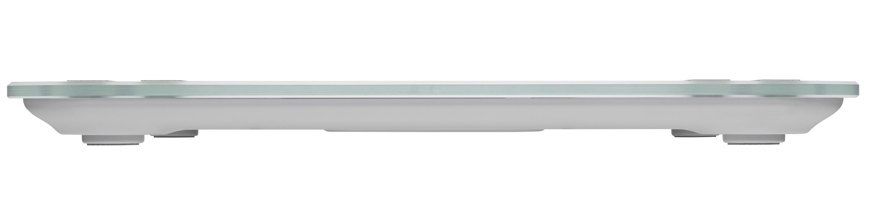 Bilancia per analisi corporea bianca, vista piatta. Quattro piedi, vano batterie. Marchio: medisana.