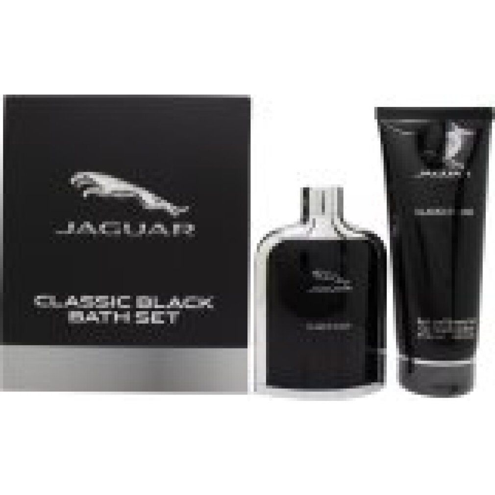 Set bagno Jaguar Classic Black. Scatola, flacone e tubo neri. Logo e nome del prodotto visibili.