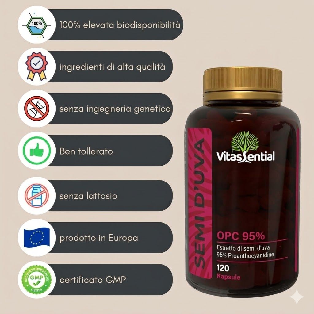 Flacone marrone con coperchio dorato. Etichetta con informazioni sul prodotto. 120 capsule. Certificazione GMP.