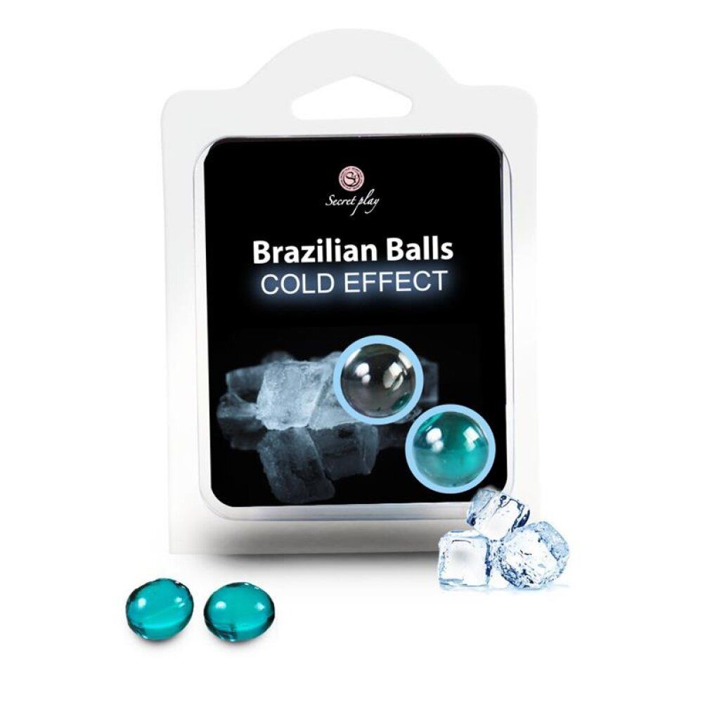 Due sfere brasiliane effetto freddo di colore turchese, in confezione blister con cubetti di ghiaccio.