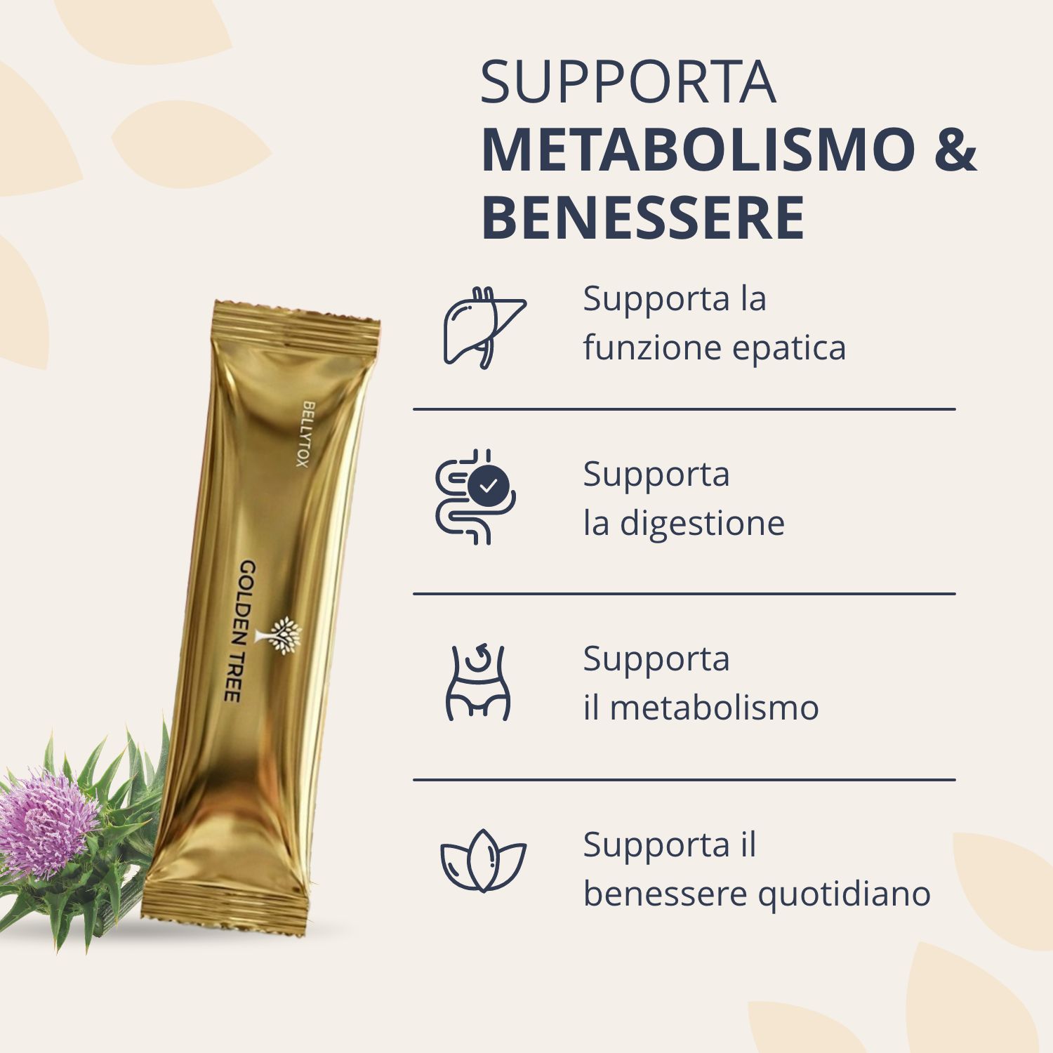 Descrizione italiana: Golden Tree BellyTox supporta metabolismo e benessere (fegato, intestino).