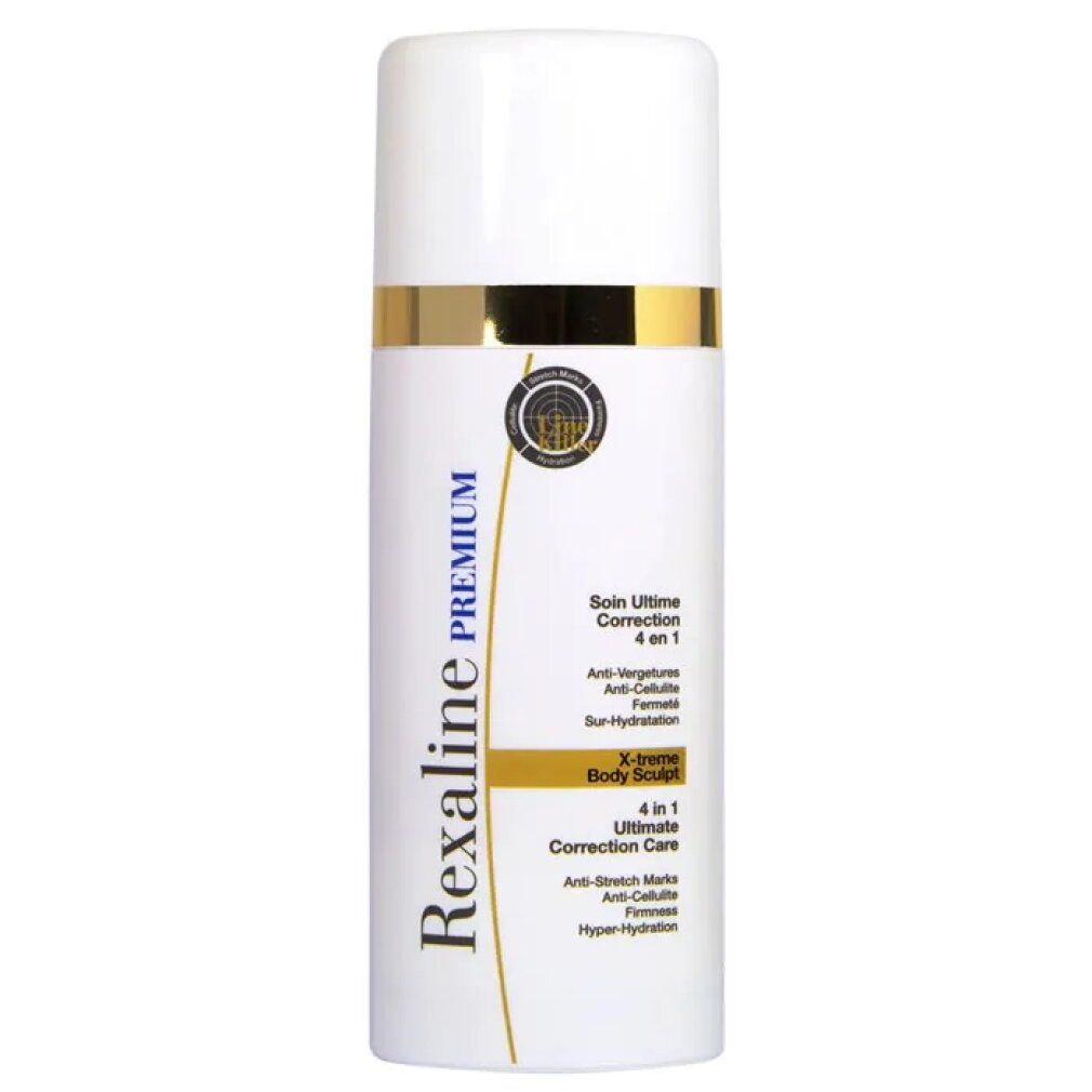 Flacone bianco con anello e tappo dorati. Testo: Rexaline Premium, 4 in 1 Ultimate Correction Care, Anti-smagliature, Anti-cellulite.