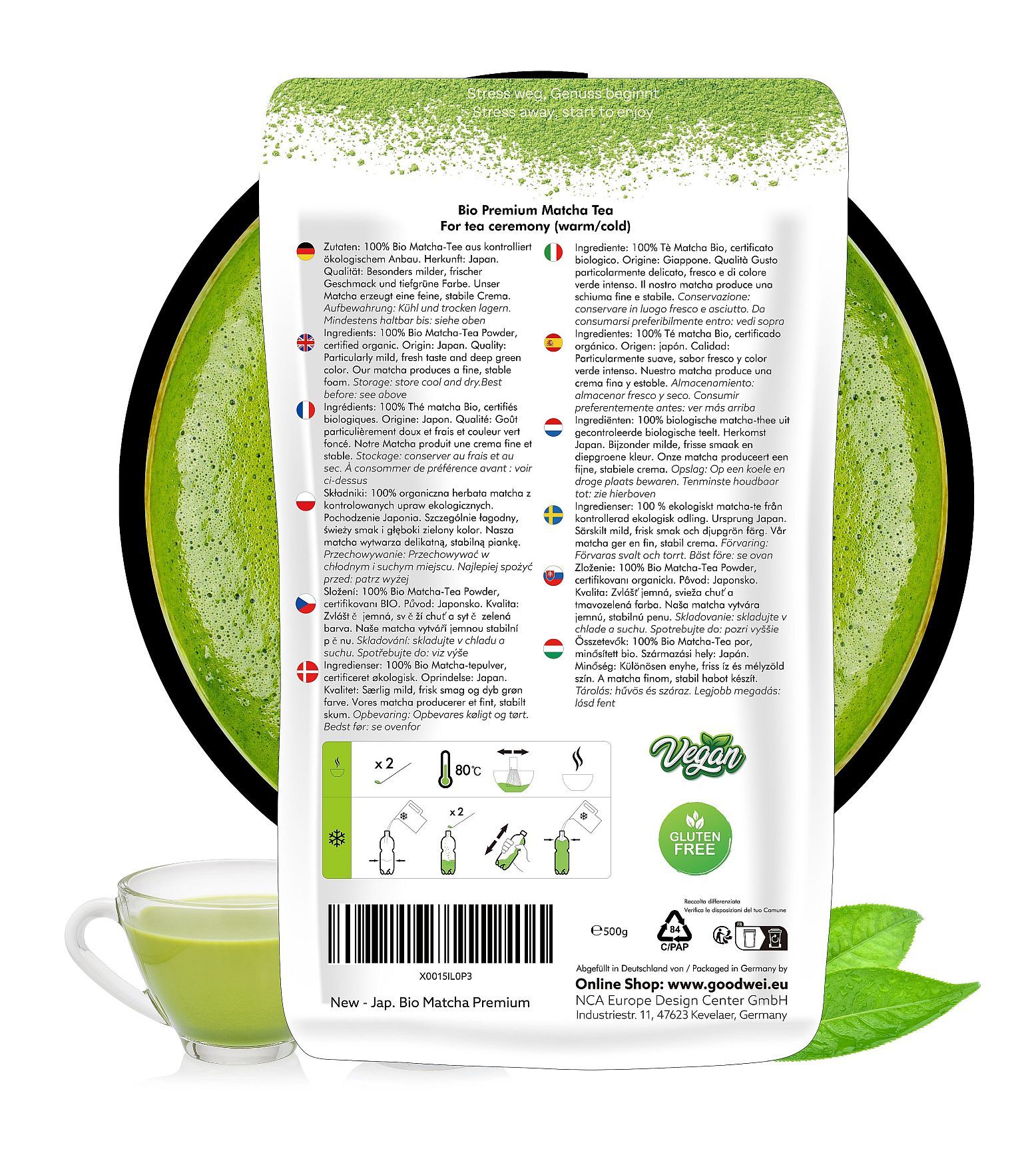 Retro della confezione Goodwei Bio Matcha Tea. Testo multilingue, informazioni sulla preparazione, vegano e senza glutine.