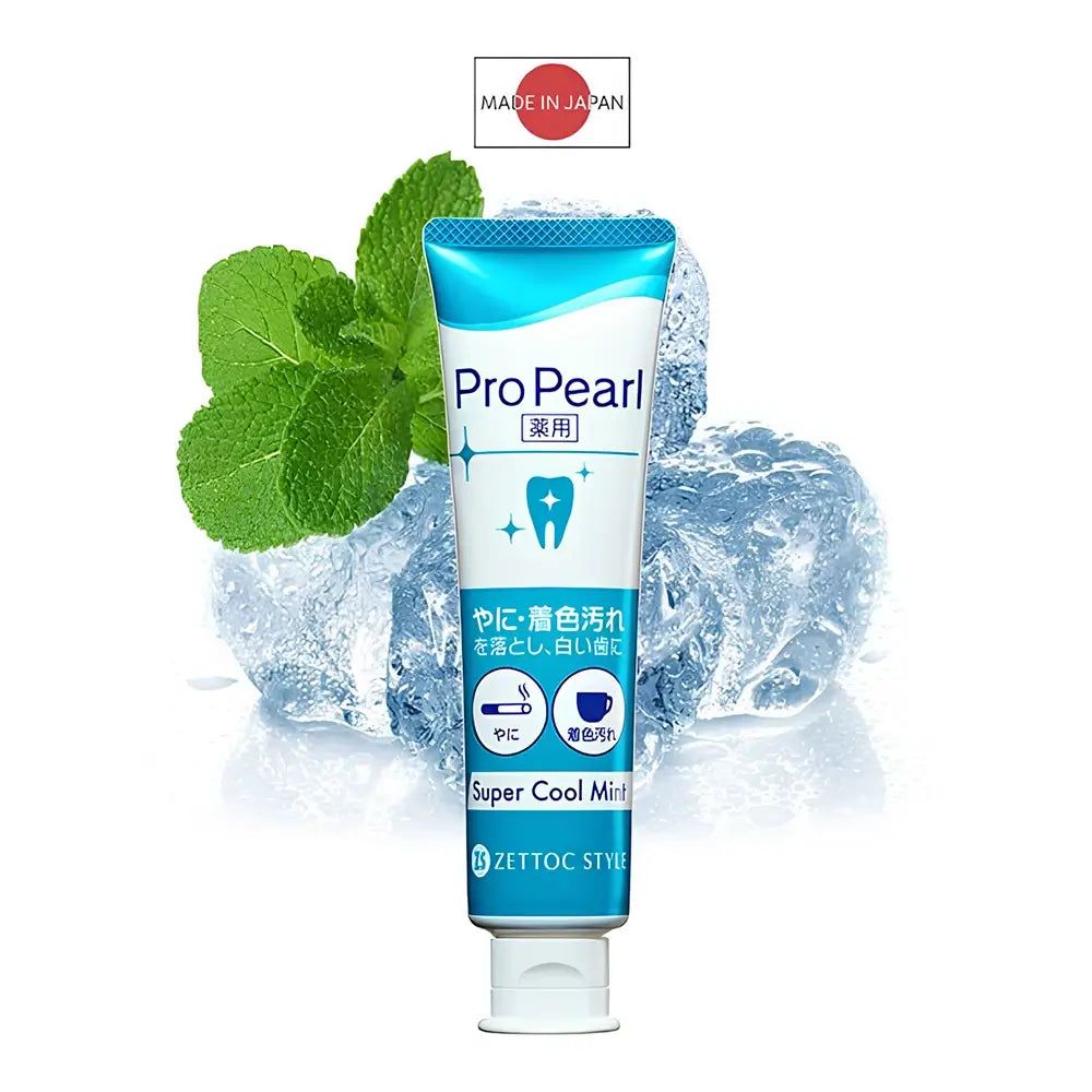 Tubo di dentifricio ProPearl Super Cool Mint, circondato da cubetti di ghiaccio e foglie di menta. Scritta giapponese, Made in Japan.