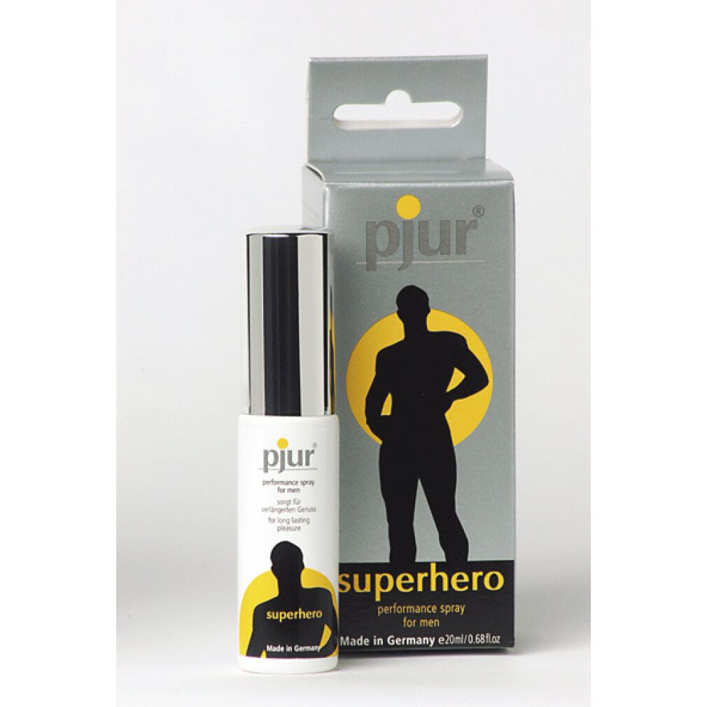 pjur superhero Performance Spray e scatola. Flacone spray e scatola con testo e silhouette. Per uomini. Made in Germany.