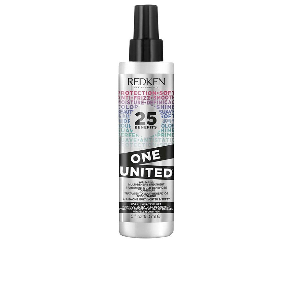Redken One United trattamento multi-benefici. Flacone bianco con erogatore nero. Testo: 25 Benefits, One United, All-in-One Multi-Benefit Treatment.