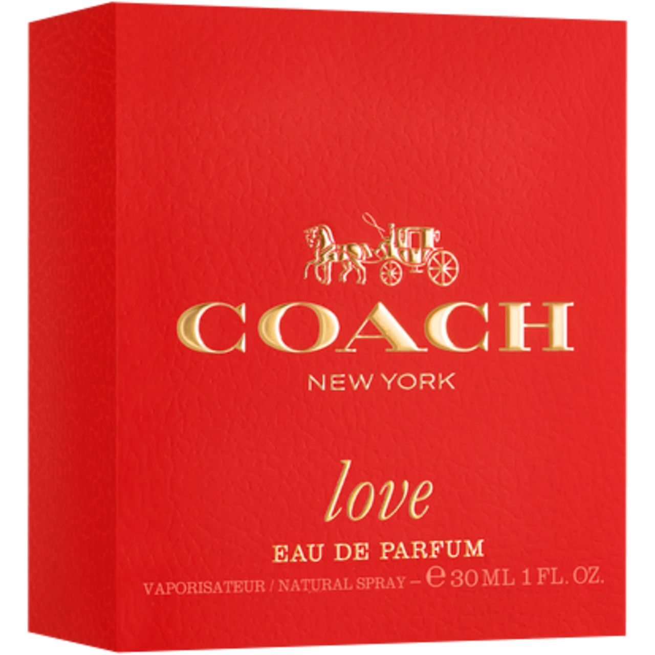 Scatola rossa con scritta dorata Coach Love e logo carrozza. Eau de Parfum. Coach Love EdP Nat. Spray.