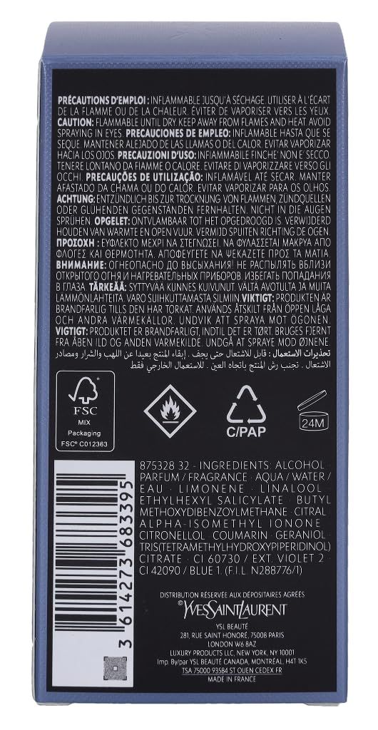 Retro della scatola Yves Saint Laurent Y Men E.d.T. Vapo. Testo, loghi, ingredienti, certificazione FSC, avvertenze.