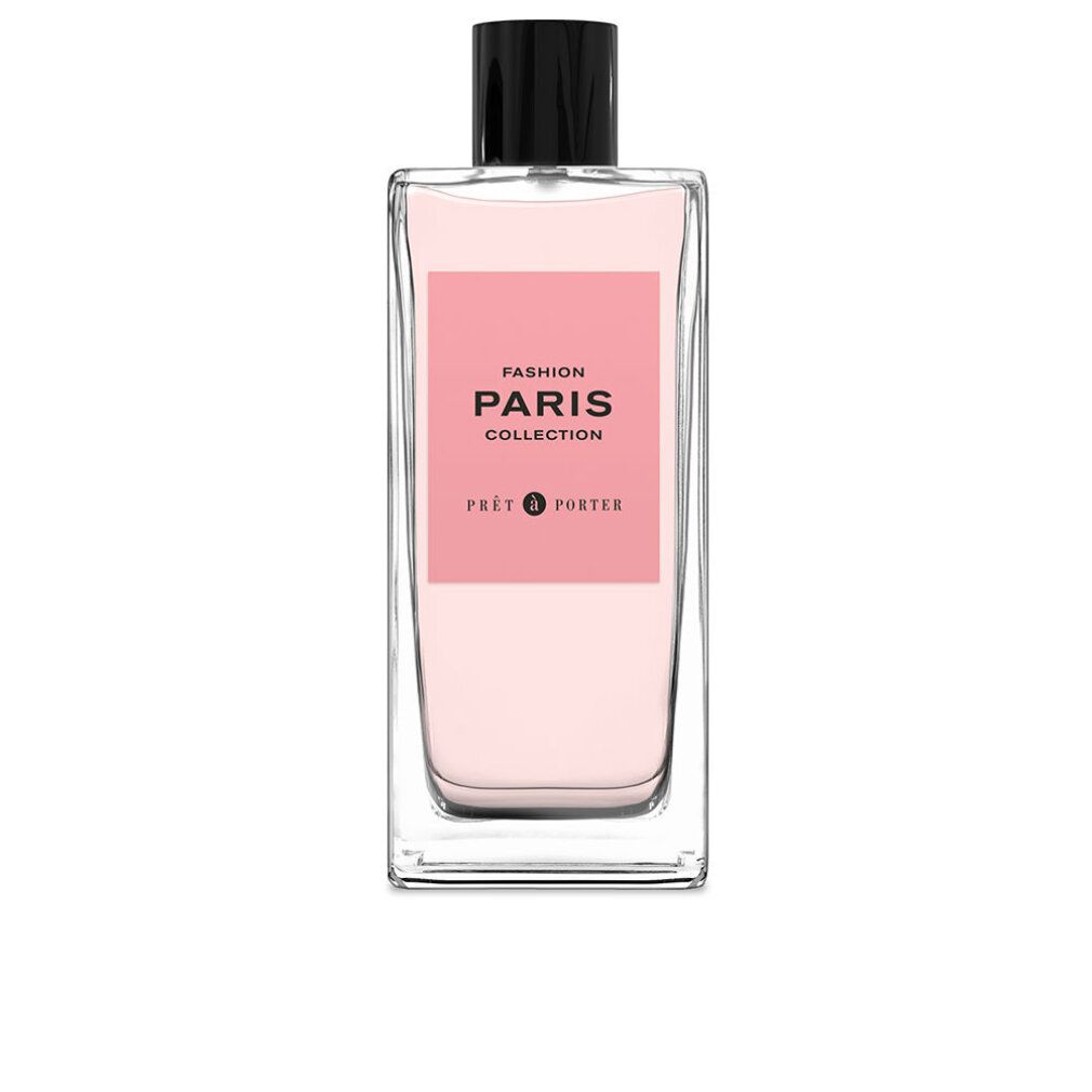 Flacone in vetro con liquido rosa, tappo nero ed etichetta rosa con testo: Fashion Paris Collection Pret a Porter.