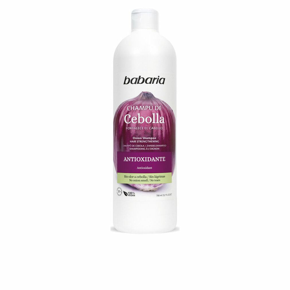 Babaria Shampoo. Bottiglia bianca con etichetta viola. Illustrazione di cipolla. Testo: Champú de Cebolla, Antioxidante, 0% Parabenos.