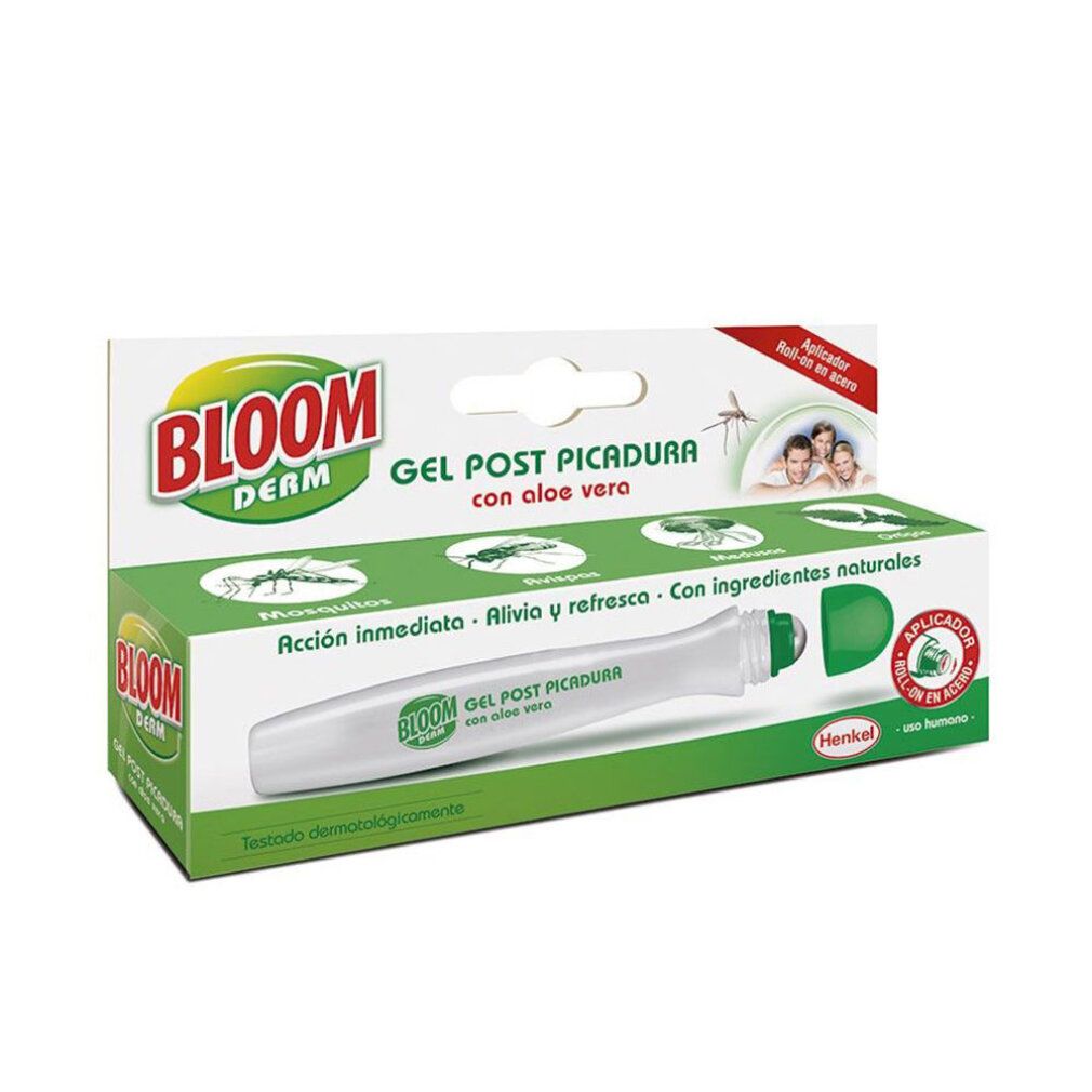 Confezione di Bloom Derm Gel Post Bite. Contiene un tubetto e una scatola. Scritte: Bloom Derm, Gel Post Picadura, Aloe Vera.