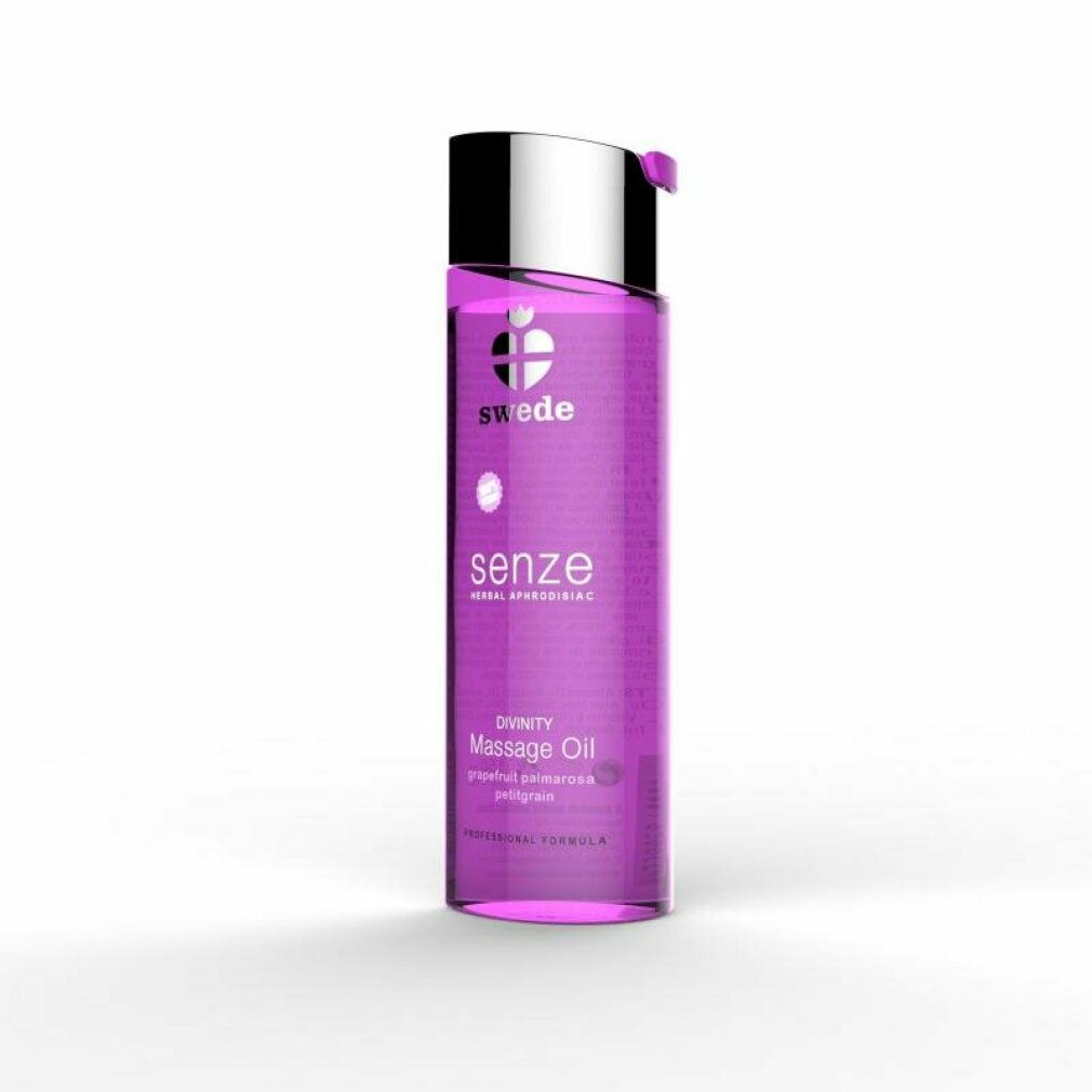 Flacone viola con tappo argentato. Scritte: Swede, Senze, Massage Oil. Ingredienti: Pompelmo, Palmarosa, Petitgrain.