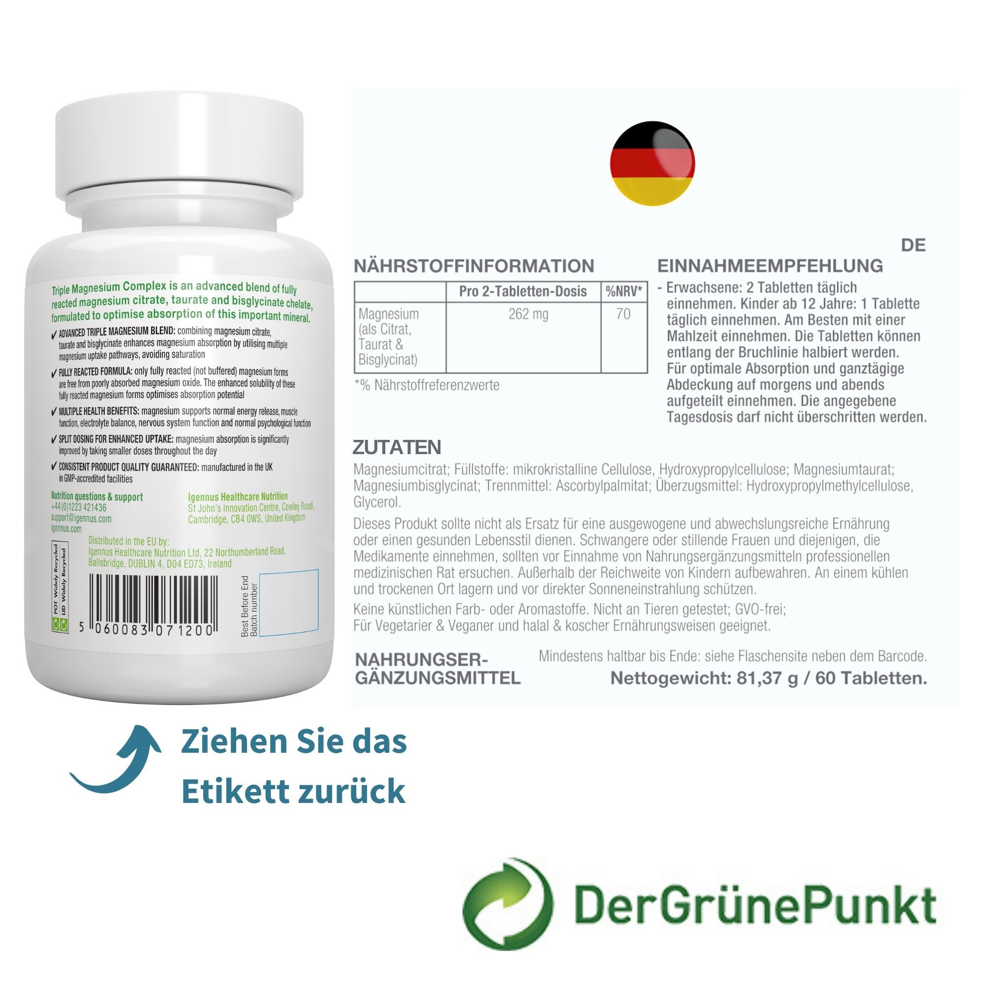 Retro di un contenitore Igennus Magnesium Complex con informazioni nutrizionali e istruzioni.