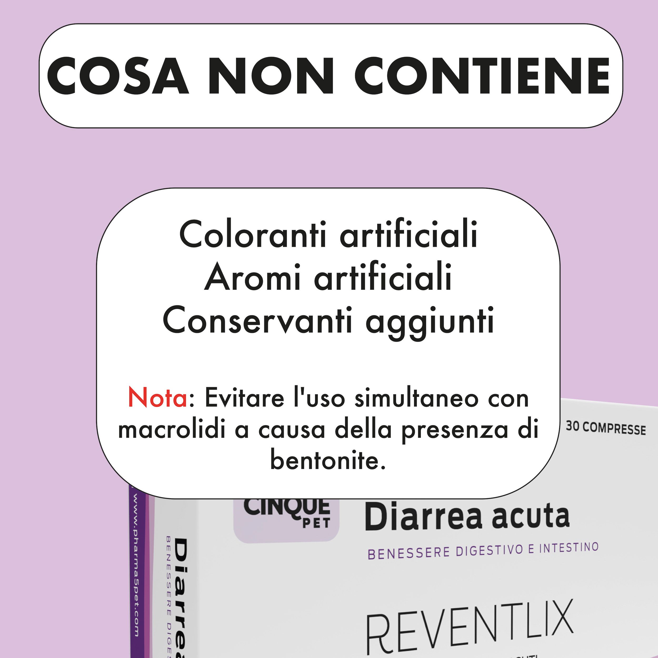 Confezione prodotto con testo: Cosa non contiene. Contiene 30 compresse. Nota: Evitare l'uso simultaneo.