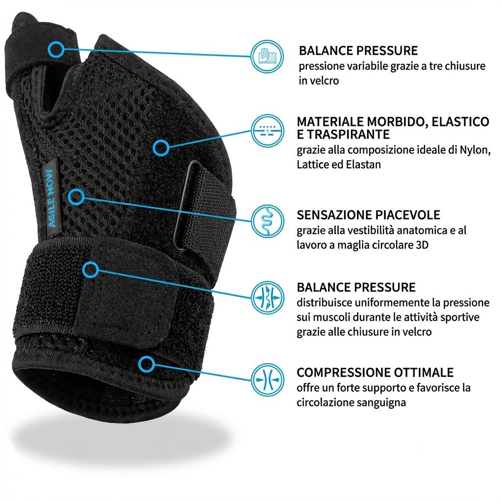 Primo piano di un tutore per pollice nero con testo. Caratteristiche del prodotto evidenziate da icone.