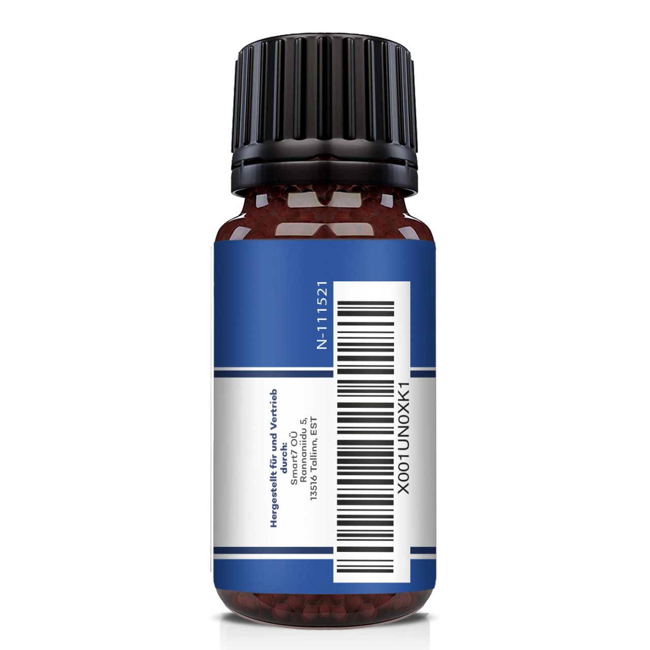 Flacone di vetro marrone con tappo nero. Etichetta blu con codice a barre e testo. Informazioni del produttore visibili.