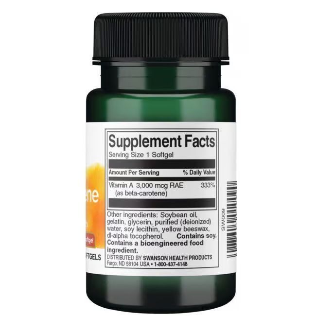 Flacone verde con etichetta bianca. Contiene capsule di beta-carotene. Scritta: Swanson, Supplement Facts, Vitamina A.