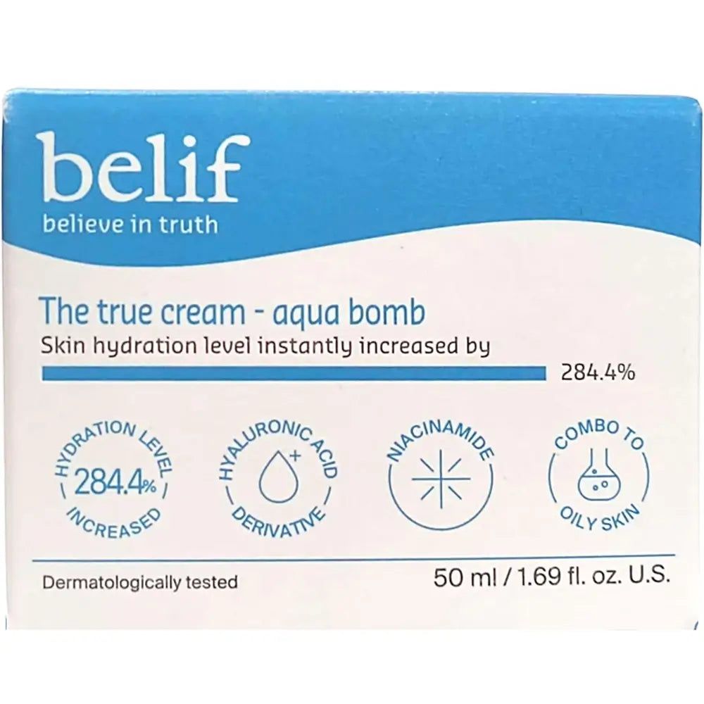 Confezione di Belif The True Cream Aqua Bomb con indicazioni su acido ialuronico e niacinamide.