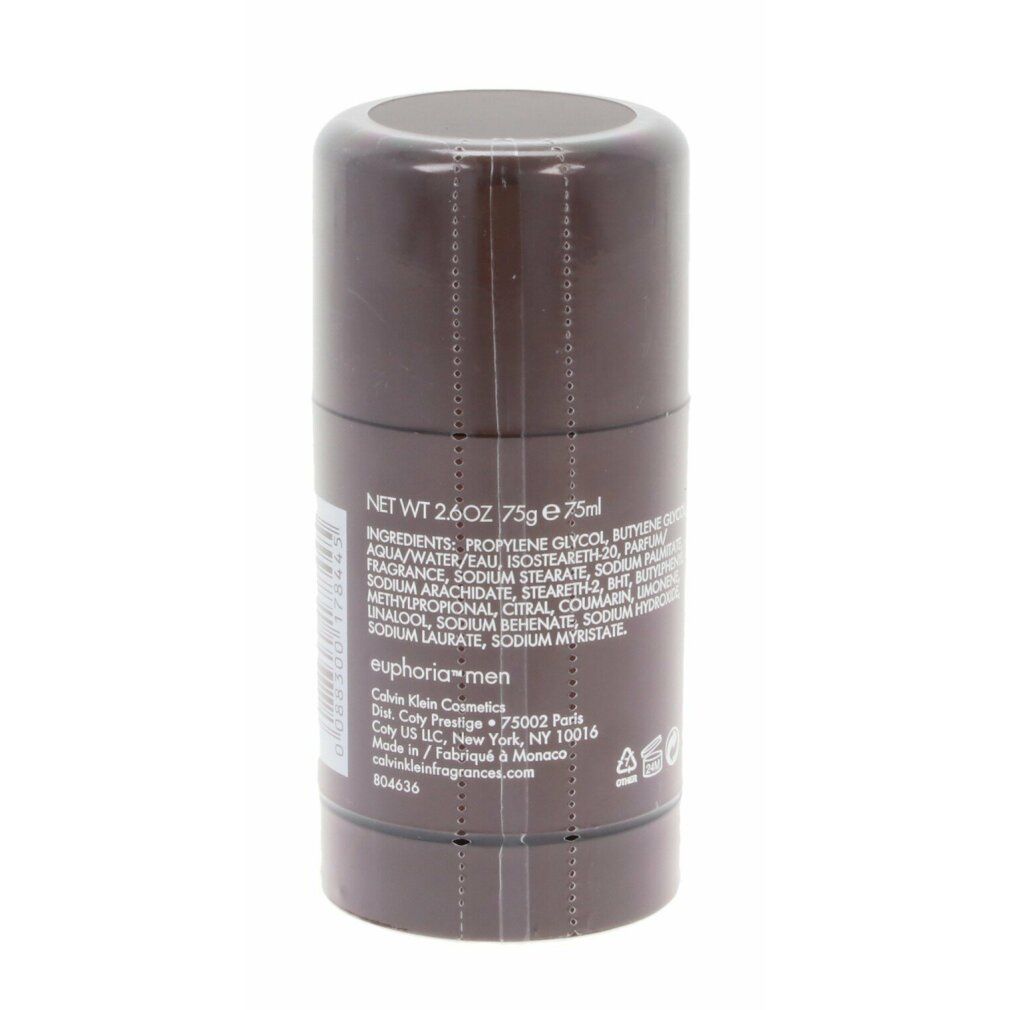 Stick deodorante confezionato. Scritte: euphoria men, ingredienti, Calvin Klein. Peso netto 75g. Vista posteriore.