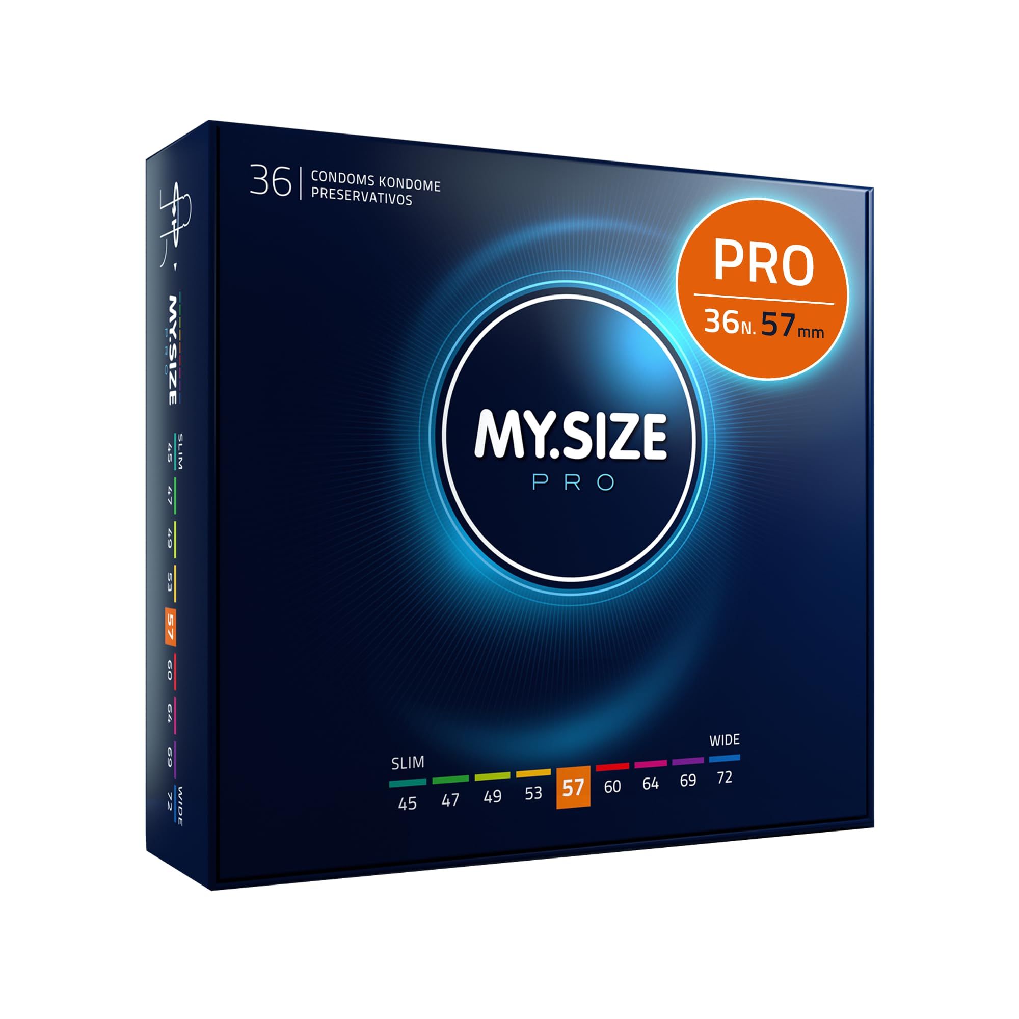 Confezioni di preservativi MY.SIZE PRO: 3x3 e 3x10 pezzi, misure 57, 60, 64.