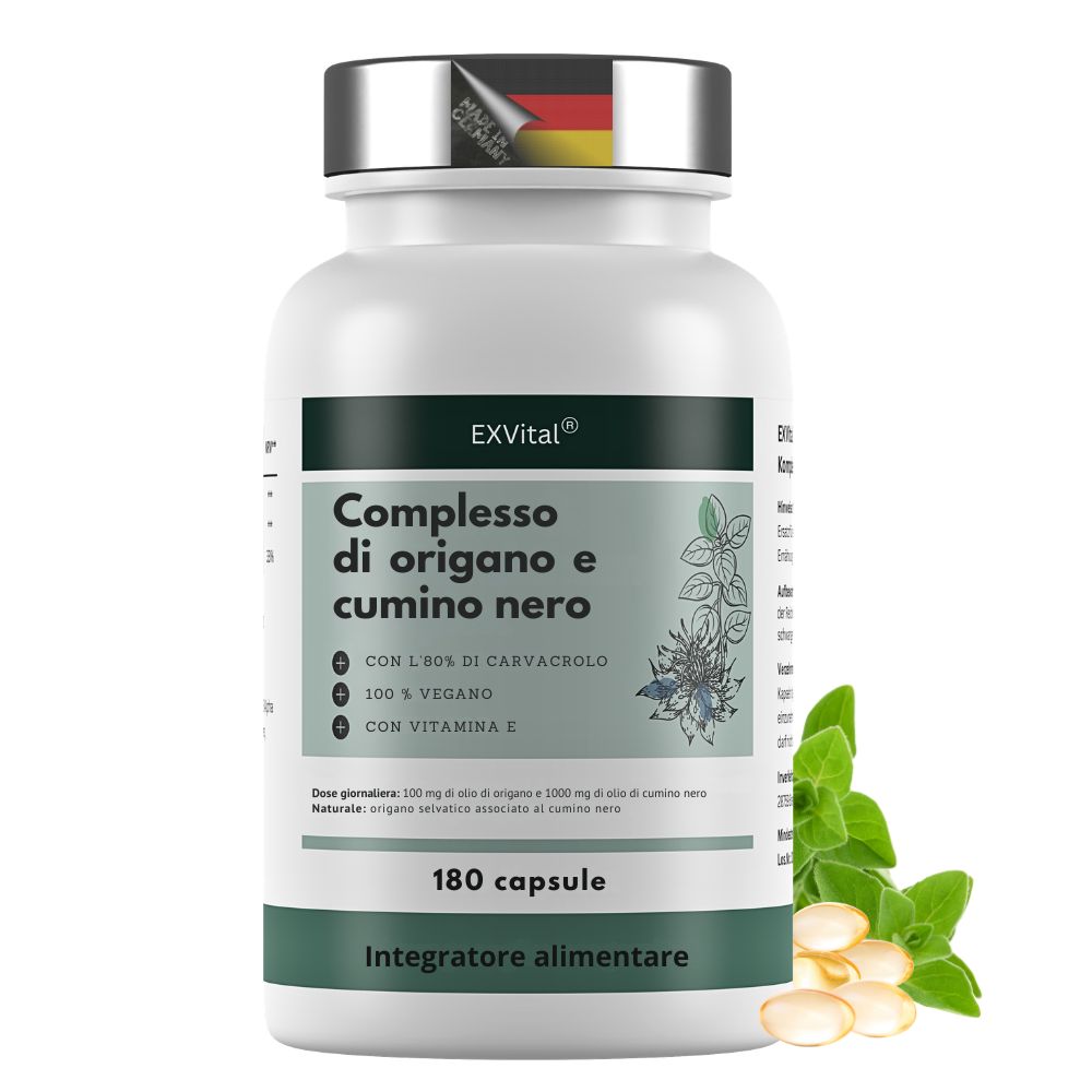 Flacone bianco con capsule. Testo: Comp. di origano e cumino nero, 180 capsule, vegano, con vitamina E.