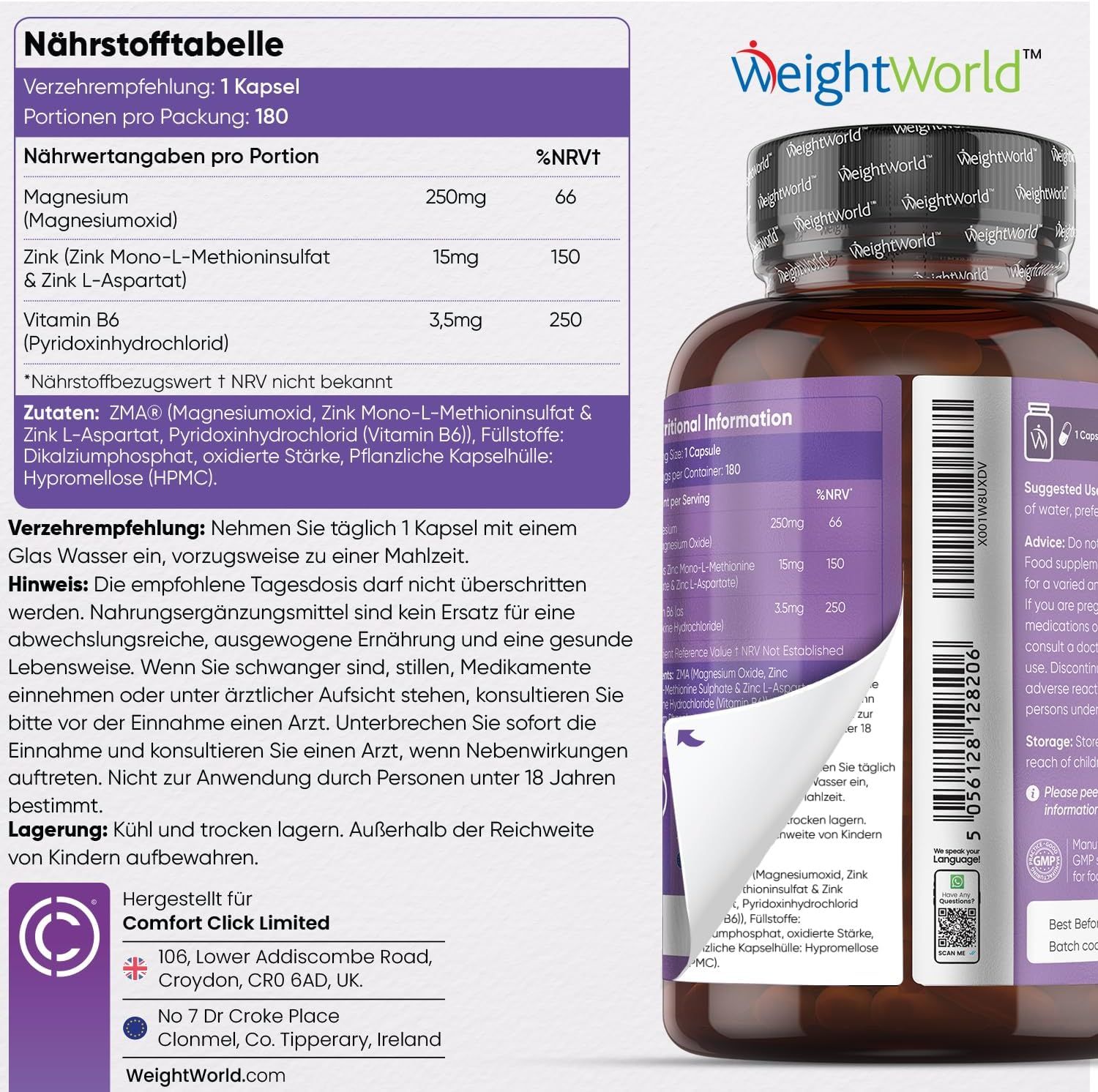 Tabella nutrizionale delle capsule ZMA WeightWorld. Contiene magnesio, zinco e vitamina B6. Informazioni sull'uso e sugli ingredienti.