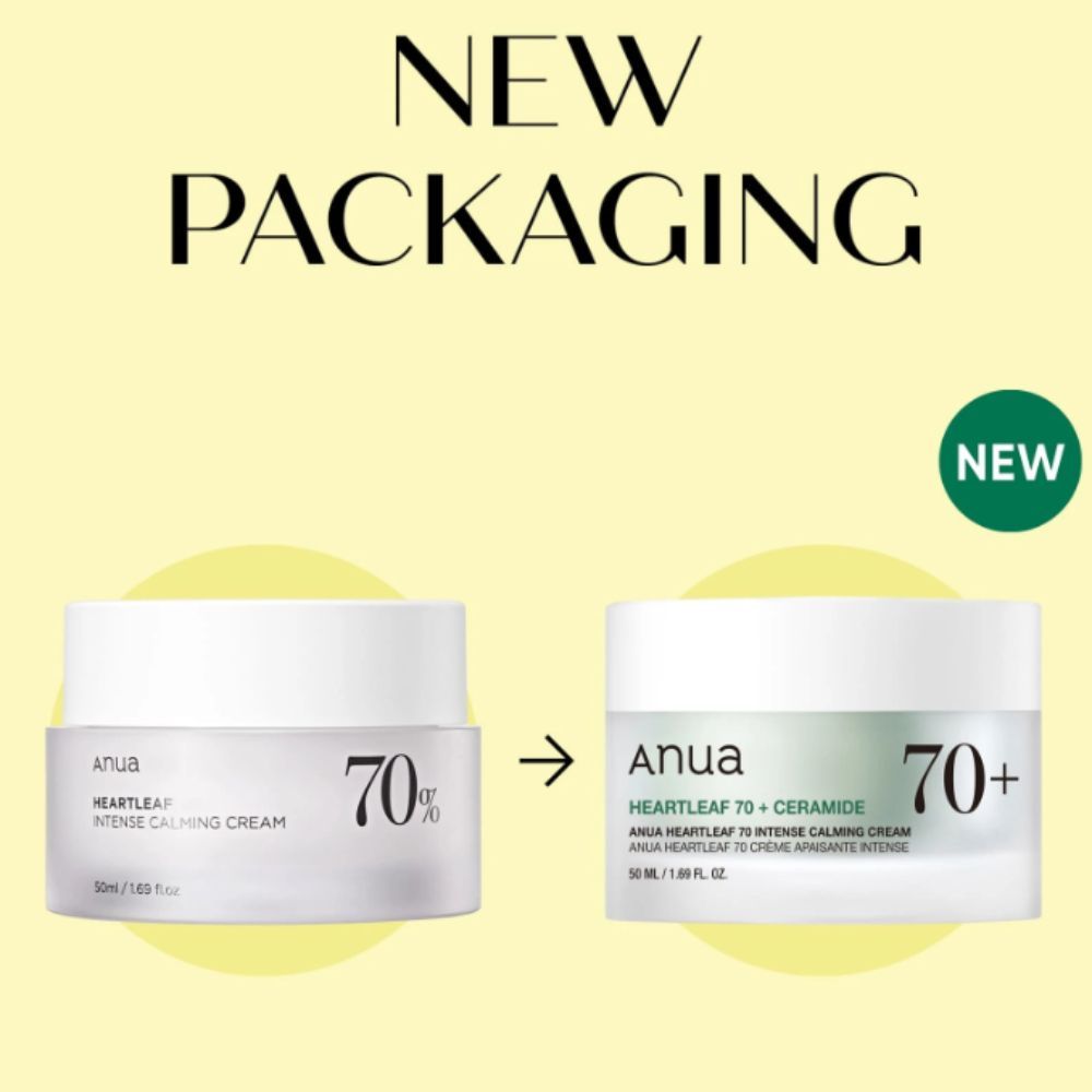 Confronto tra i vecchi e i nuovi packaging della crema Anua Heartleaf 70% Intense Calming.