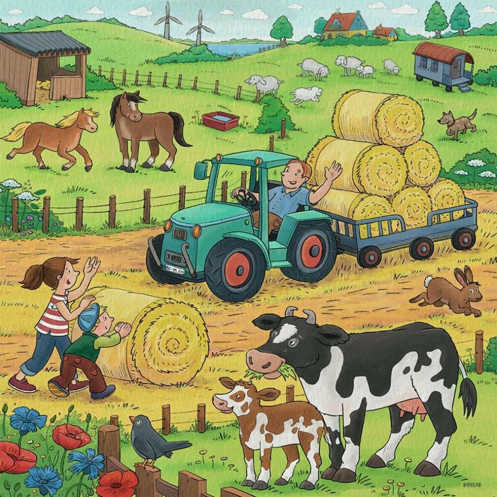 Set di puzzle 'Auf dem Bauernhof' di Ravensburger. 3 puzzle da 49 pezzi ciascuno. La confezione mostra i puzzle finiti e il logo del prodotto.