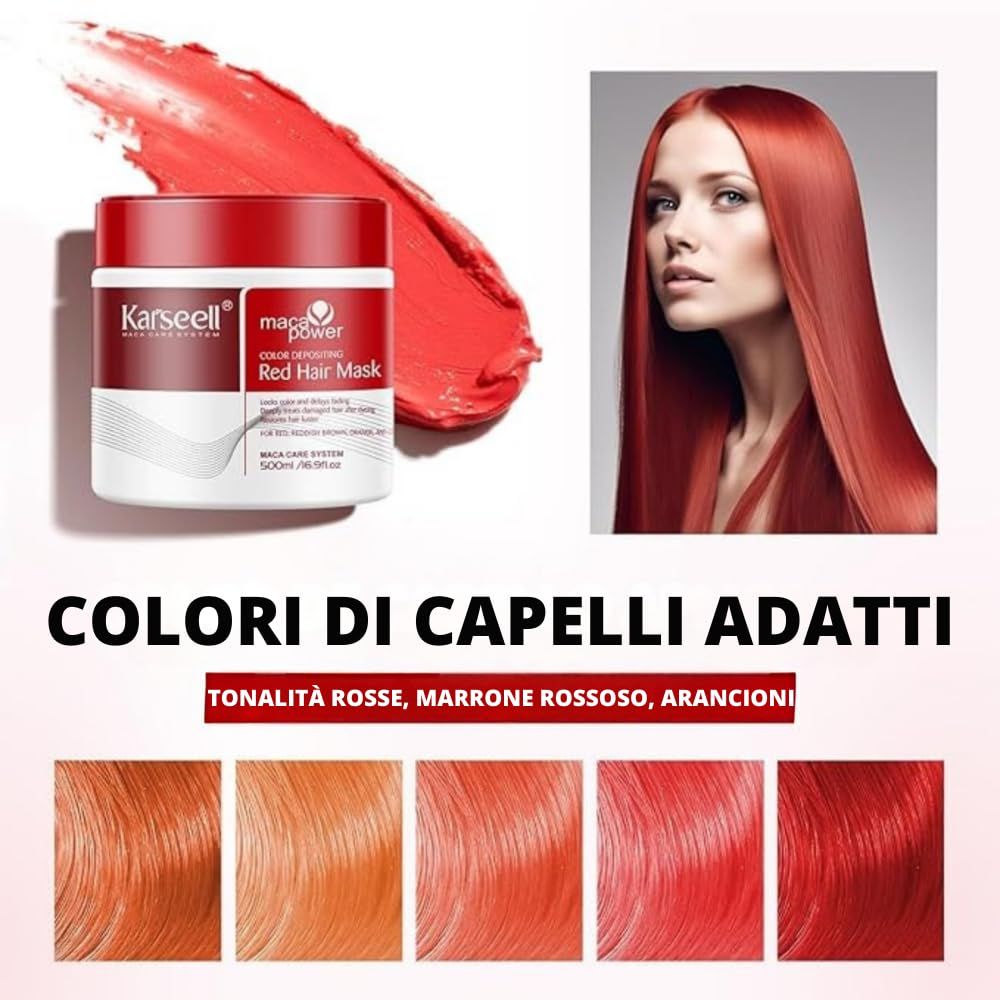 Vasetto di maschera per capelli rossa con applicazione di colore rosso accanto. A destra, una modella con lunghi capelli rossi.