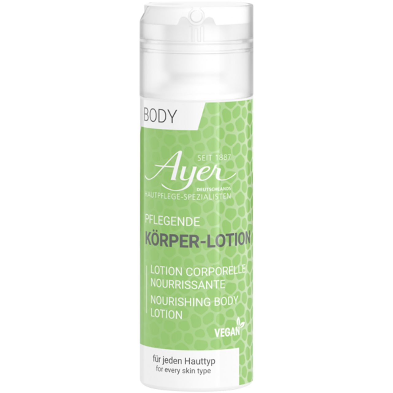 Flacone di lozione per il corpo con etichetta verde. Testo: Ayer, Pflegende Körper-Lotion, Vegan. Tappo bianco.