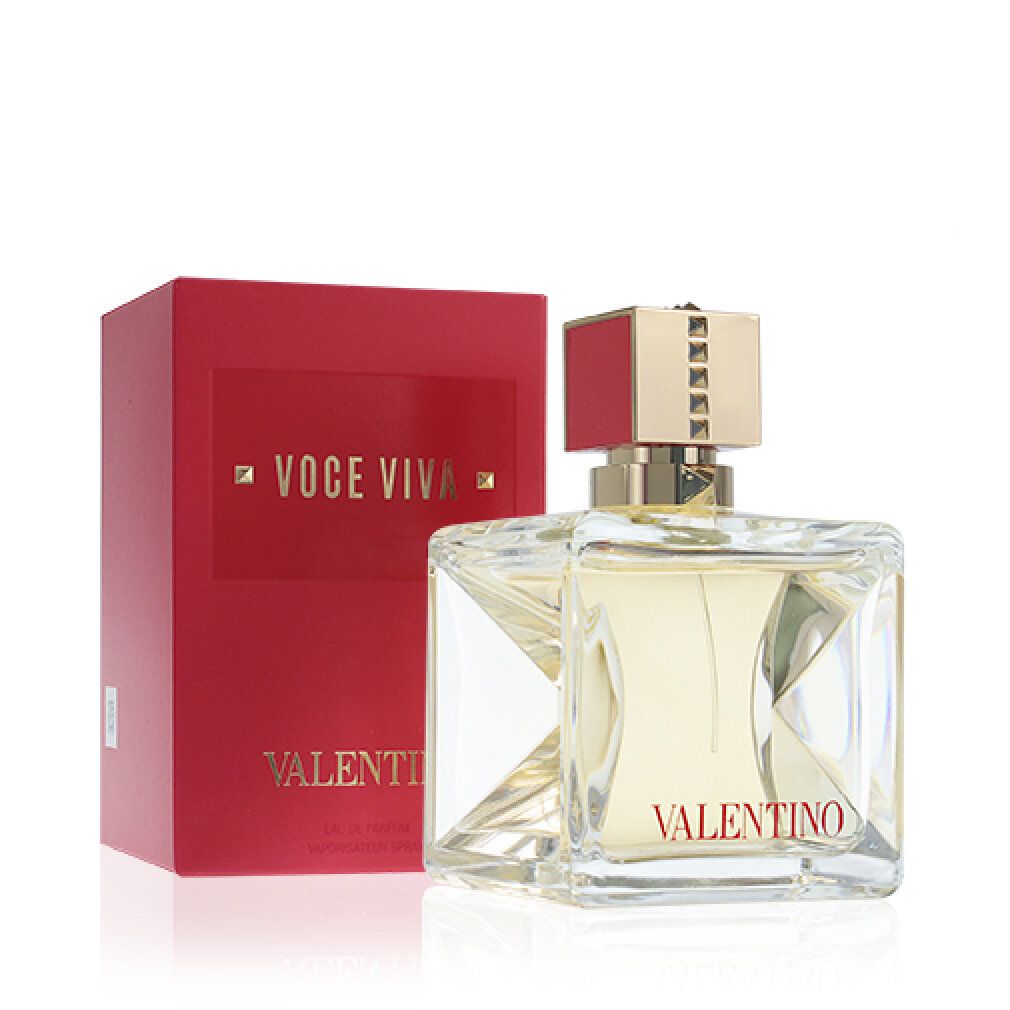 Flacone e confezione rossa. Scritta "Voce Viva" e "Valentino".