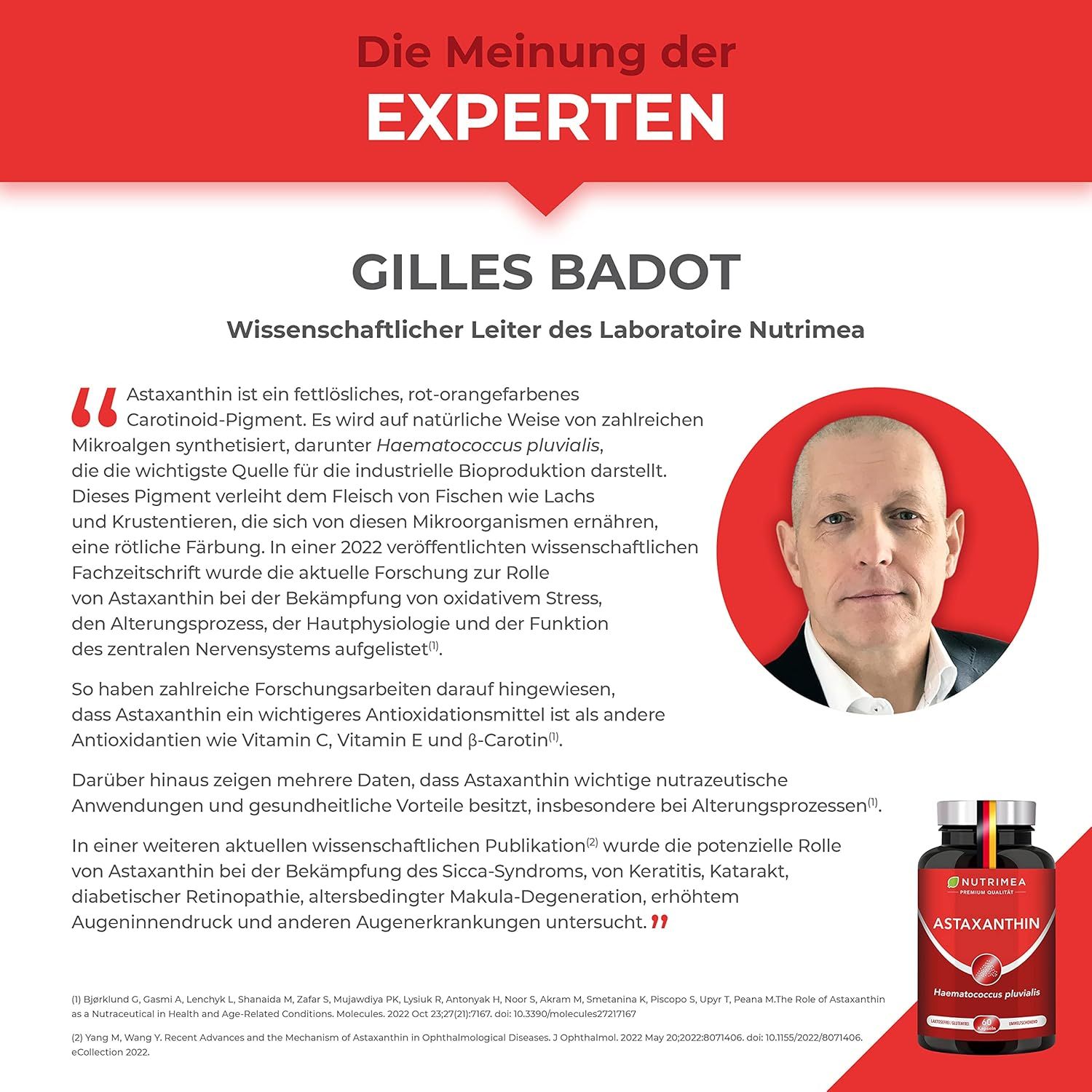 Testo con citazione di Gilles Badot. Flacone di capsule di astaxantina in basso.
