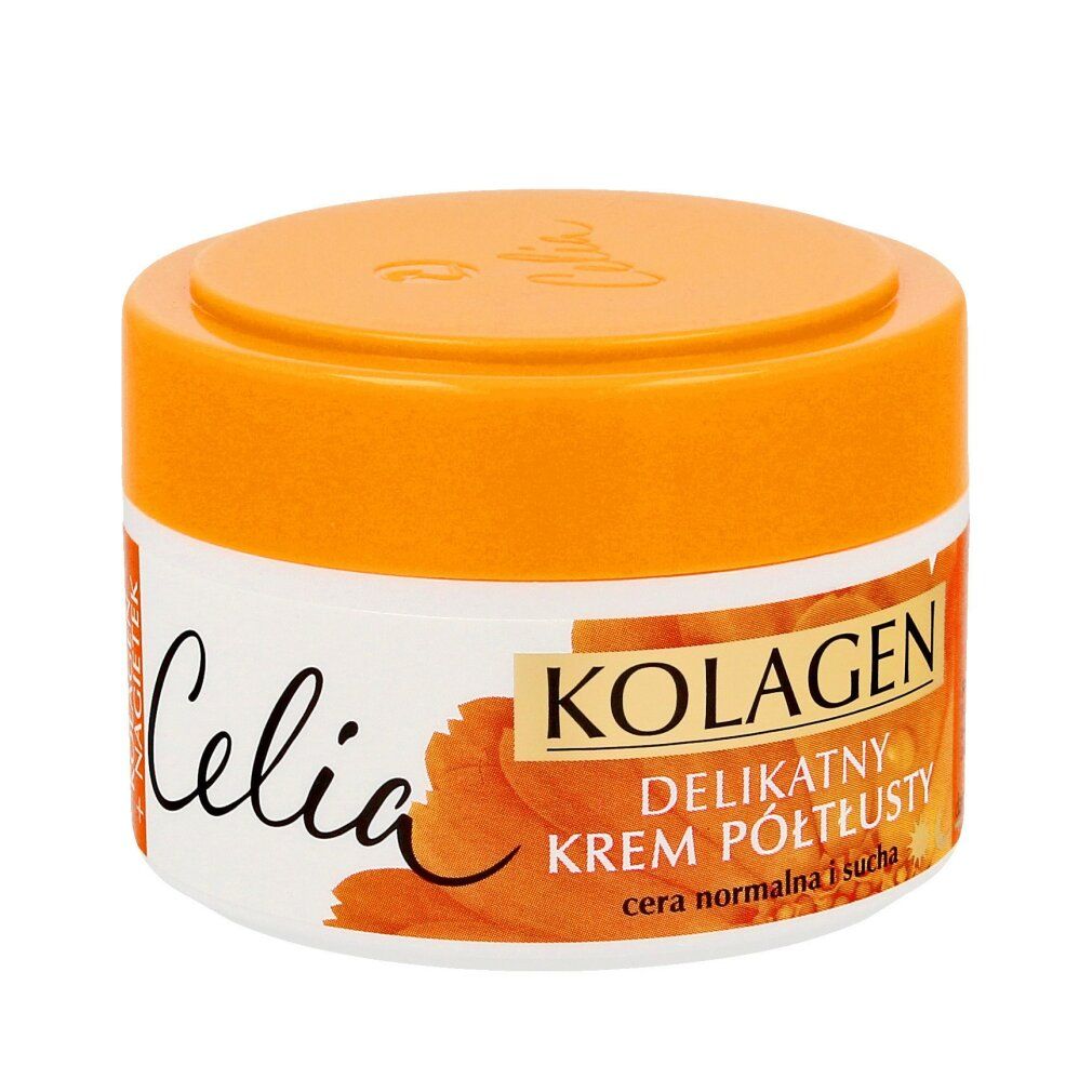 Vasetto di crema con coperchio arancione ed etichetta. Scritta 'Celia' e 'Kolagen'.