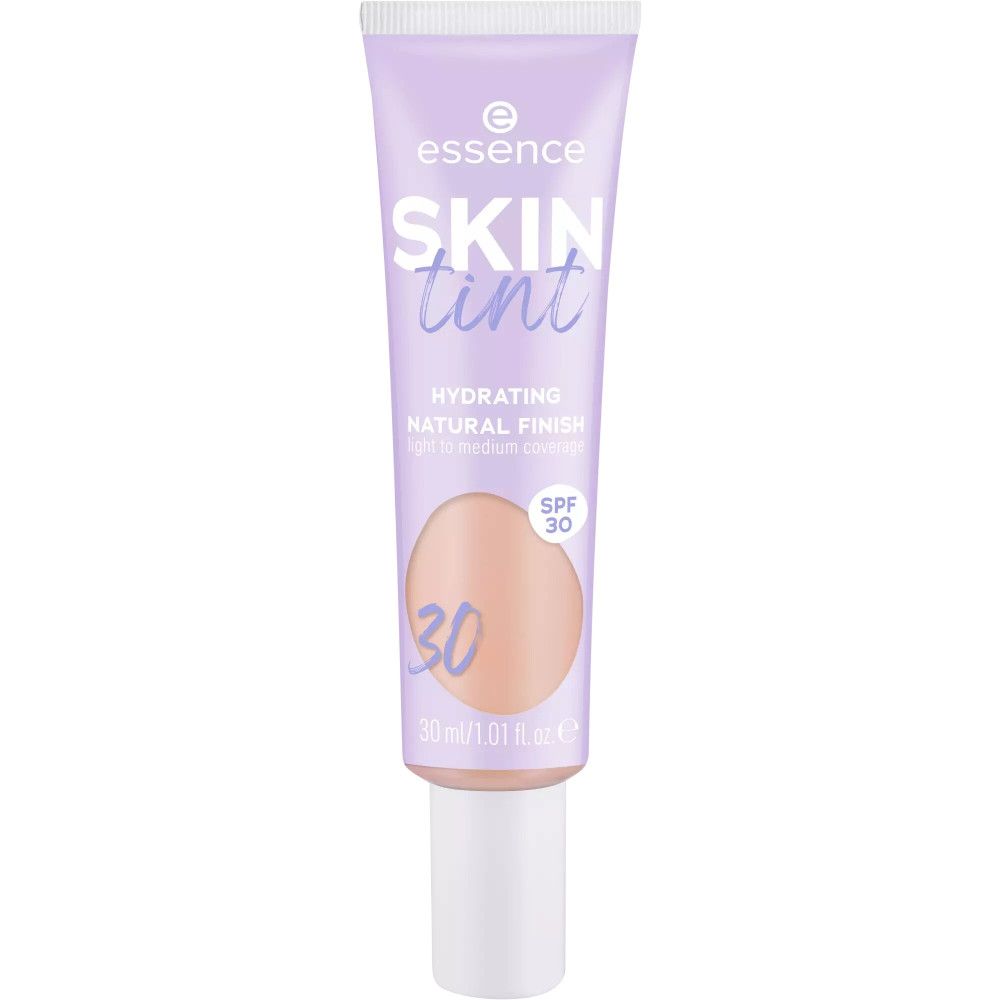 Fondotinta Skin Tint in tubo lilla con tappo bianco. Testo: Skin Tint, Hydrating, Natural Finish, SPF 30.